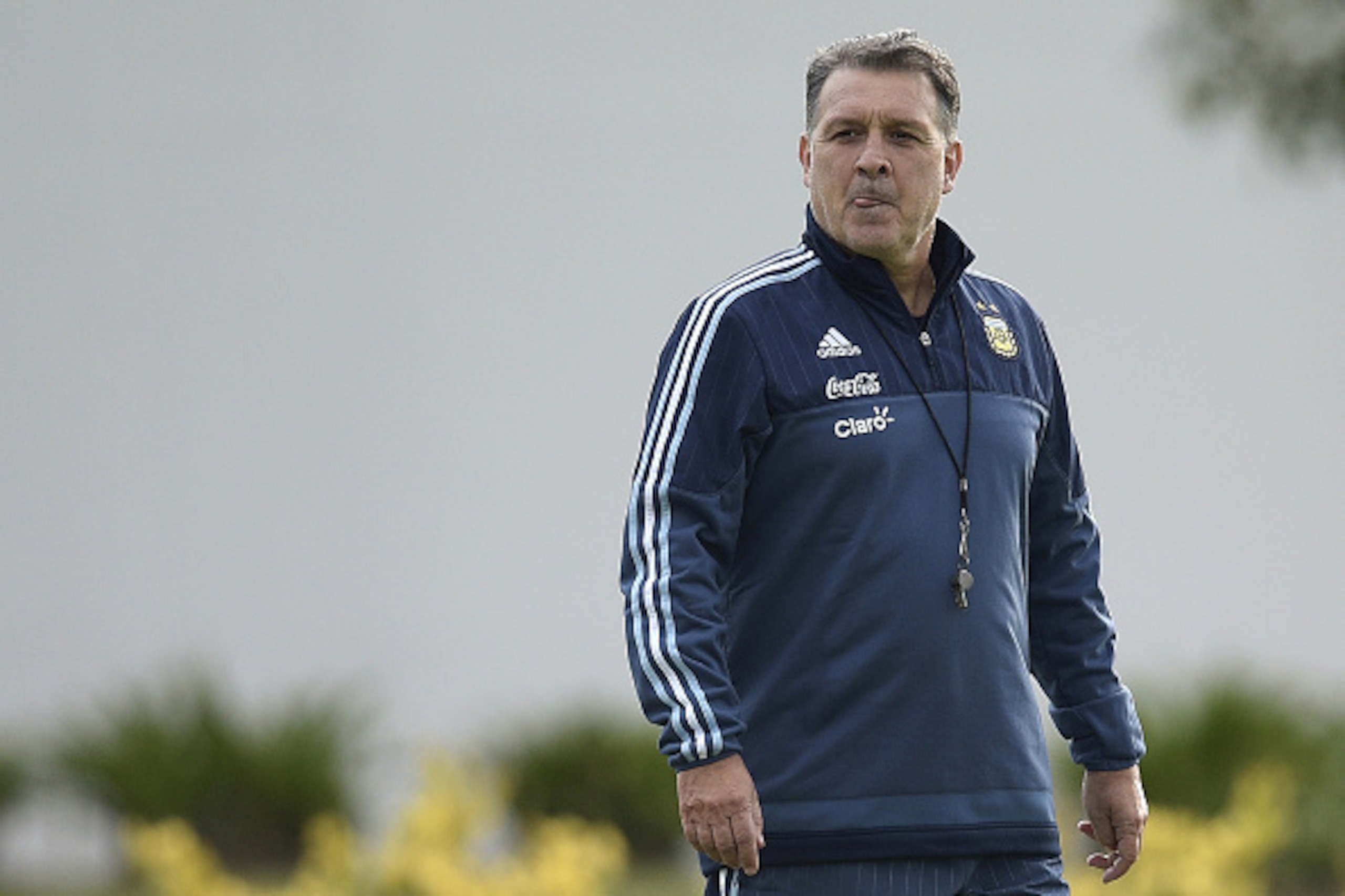 Argentina's coach Gerardo Martino gestures during a training session in Ezeiza, Buenos Aires on March 21, 2016 ahead of a 2018 FIFA World Cup Russia South American qualifier football match against Chile to be held in Santiago on March 24. AFP PHOTO / JUAN