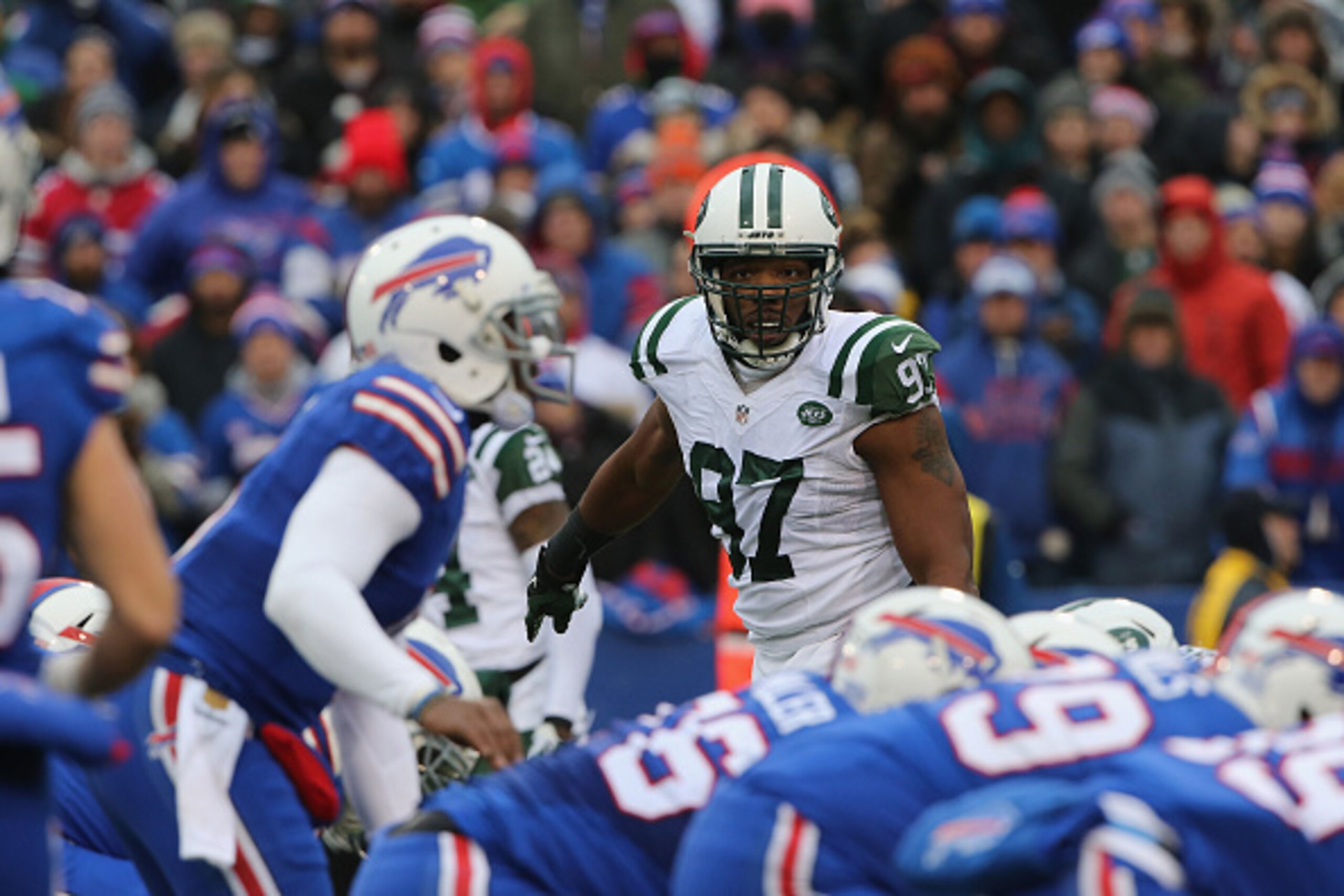 ORCHARD PARK, NY - JANUARY 03:  Linebacker Calvin Pace #97 of the New York Jets follows the action against the Buffalo Bills at Ralph Wilson Stadium on January 3, 2016 in Orchard Park, New York.  (Photo by Al Pereira/Getty Images for New York Jets)