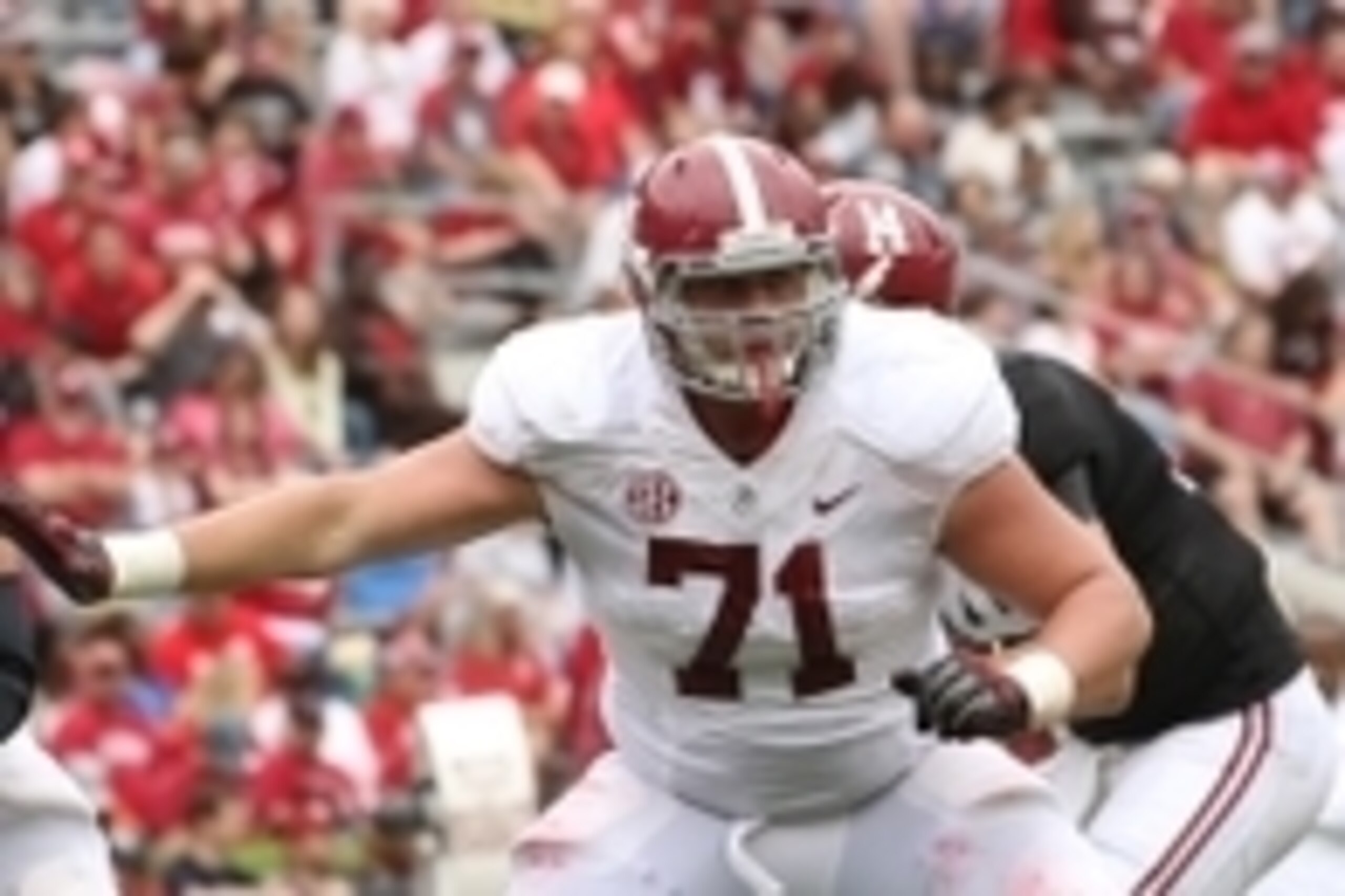 Apr 18, 2015; Tuscaloosa, AL, USA; Alabama Crimson Tide offensive lineman Ross Pierschbacher (71) during the A-day game at Bryant Denny Stadium. Mandatory Credit: Marvin Gentry-USA TODAY Sports