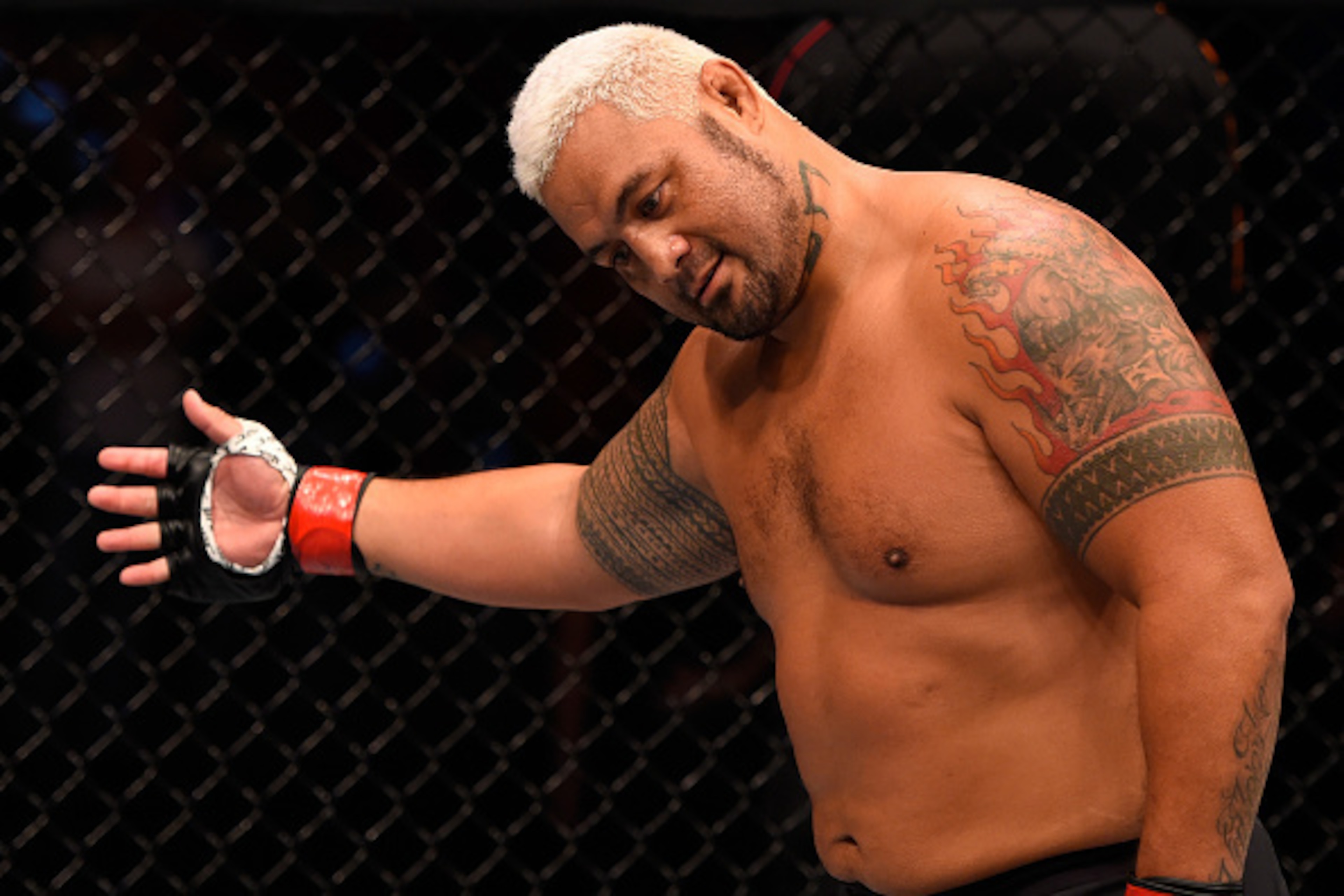 BRISBANE, AUSTRALIA - MARCH 20:  Mark Hunt of New Zealand celebrates as he bows to the crowd after defeating Frank Mir of the United States in their heavyweight bout during the UFC Fight Night event at the Brisbane Entertainment Centre on March 20, 2016 i