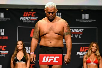 BRISBANE, AUSTRALIA - MARCH 19:   Mark Hunt of New Zealand weighs in during the UFC Fight Night weigh-in at the Brisbane Entertainment Centre on March 19, 2016 in Brisbane, Australia. (Photo by Josh Hedges/Zuffa LLC/Zuffa LLC via Getty Images)