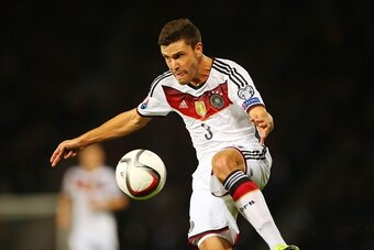 Jonas Hector of Germany controls the ball during the UEFA Euro 2016 qualifier between Scotland and Germany at Hampden Park in Glasgow, Scotland, on September 7, 2015. AFP PHOTO / IAN MACNICOL        (Photo credit should read Ian MacNicol/AFP/Getty Images)