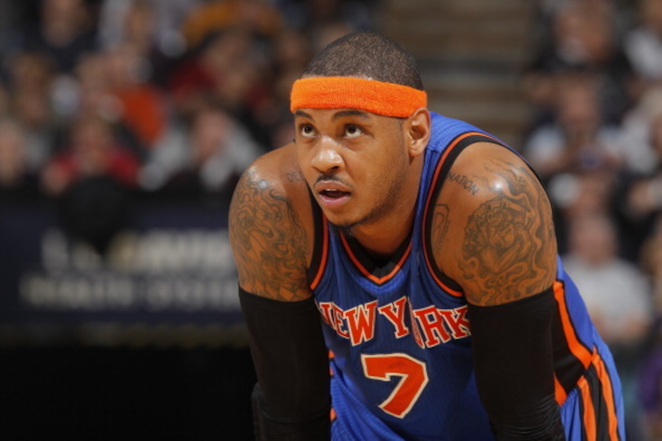 SACRAMENTO, CA - DECEMBER 31: Carmelo Anthony #7 of the New York Knicks gets ready to take on the Sacramento Kings during a game at Power Balance Pavilion on December 31, 2011 in Sacramento, CA. NOTE TO USER: User expressly acknowledges and agrees that, b