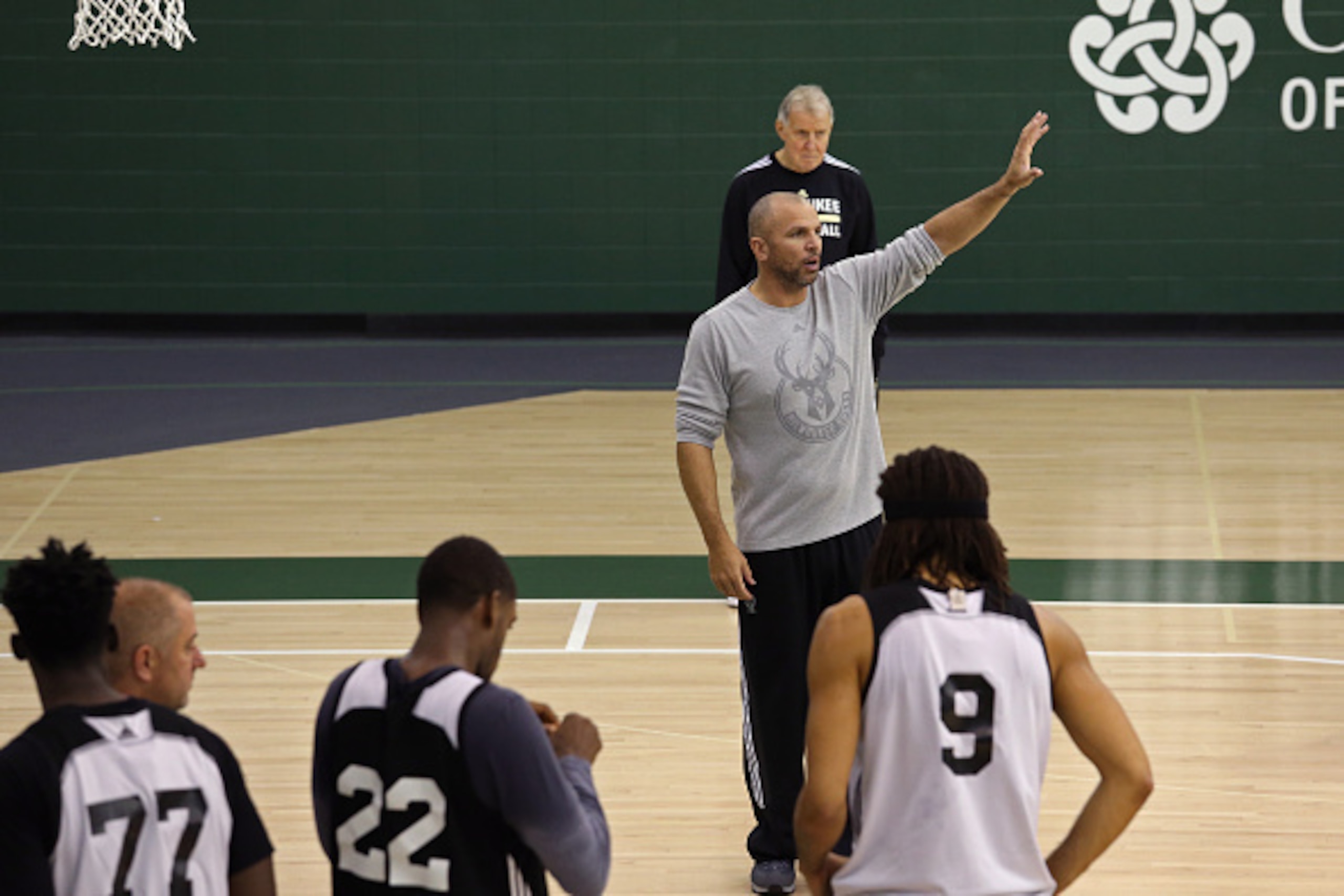 ST. FRANCIS, WI - NOVEMBER 13: Jason Kidd of the Milwaukee Bucks takes part during NBA Cares Hoops for Troops Week, military veterans attend the Milwaukee Bucks practice at the Milwaukee Bucks Orthopedic Hospital of Wisconsin Training Center on November ST. FRANCIS, WI - NOVEMBER 13: Jason Kidd of the Milwaukee Bucks takes part during NBA Cares Hoops for Troops Week, military veterans attend the Milwaukee Bucks practice at the Milwaukee Bucks Orthopedic Hospital of Wisconsin Training Center on November
