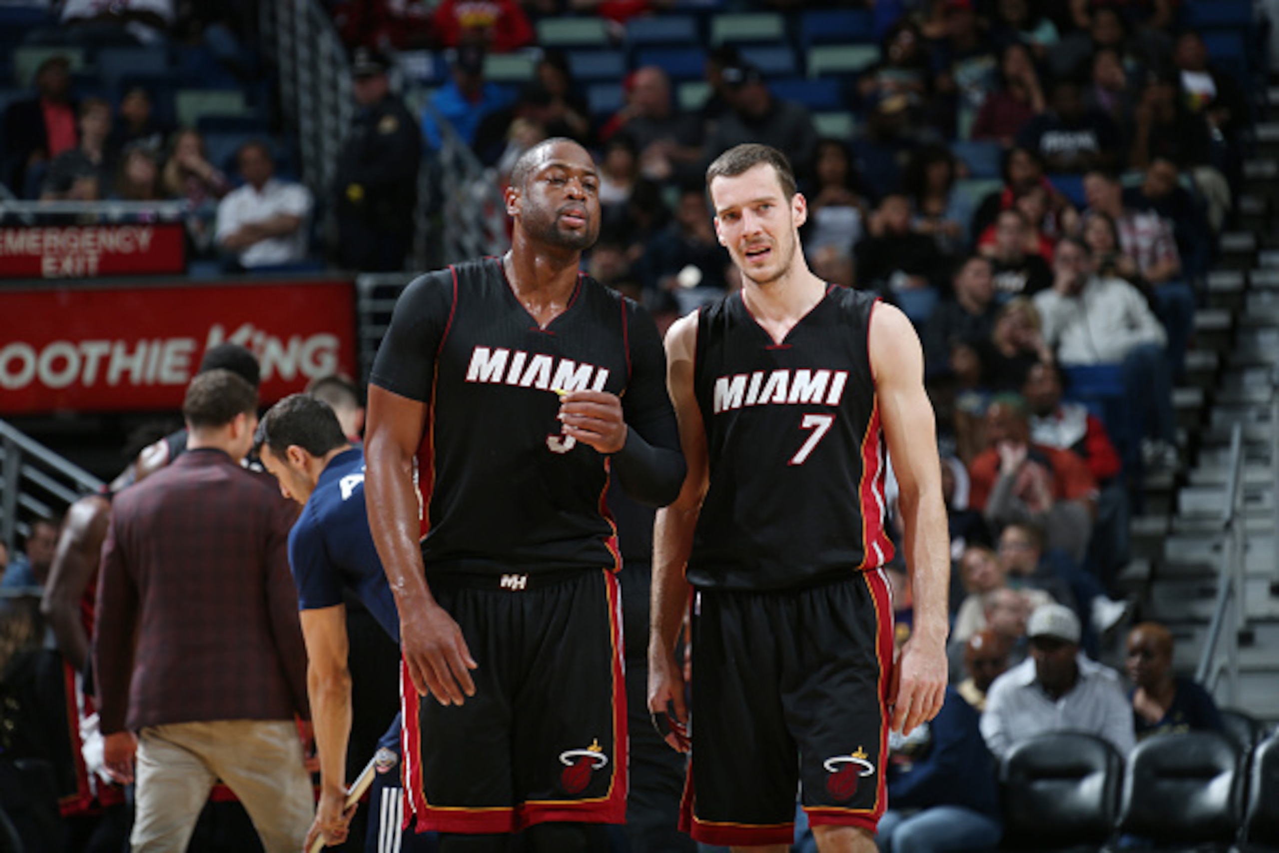 NEW ORLEANS, LA  - MARCH 22: Dwyane Wade #3 and Goran Dragic #7 of the Miami Heat during the game on March 22, 2016 at Smoothie King Center in New Orleans, Louisiana. NOTE TO USER: User expressly acknowledges and agrees that, by downloading and or using t