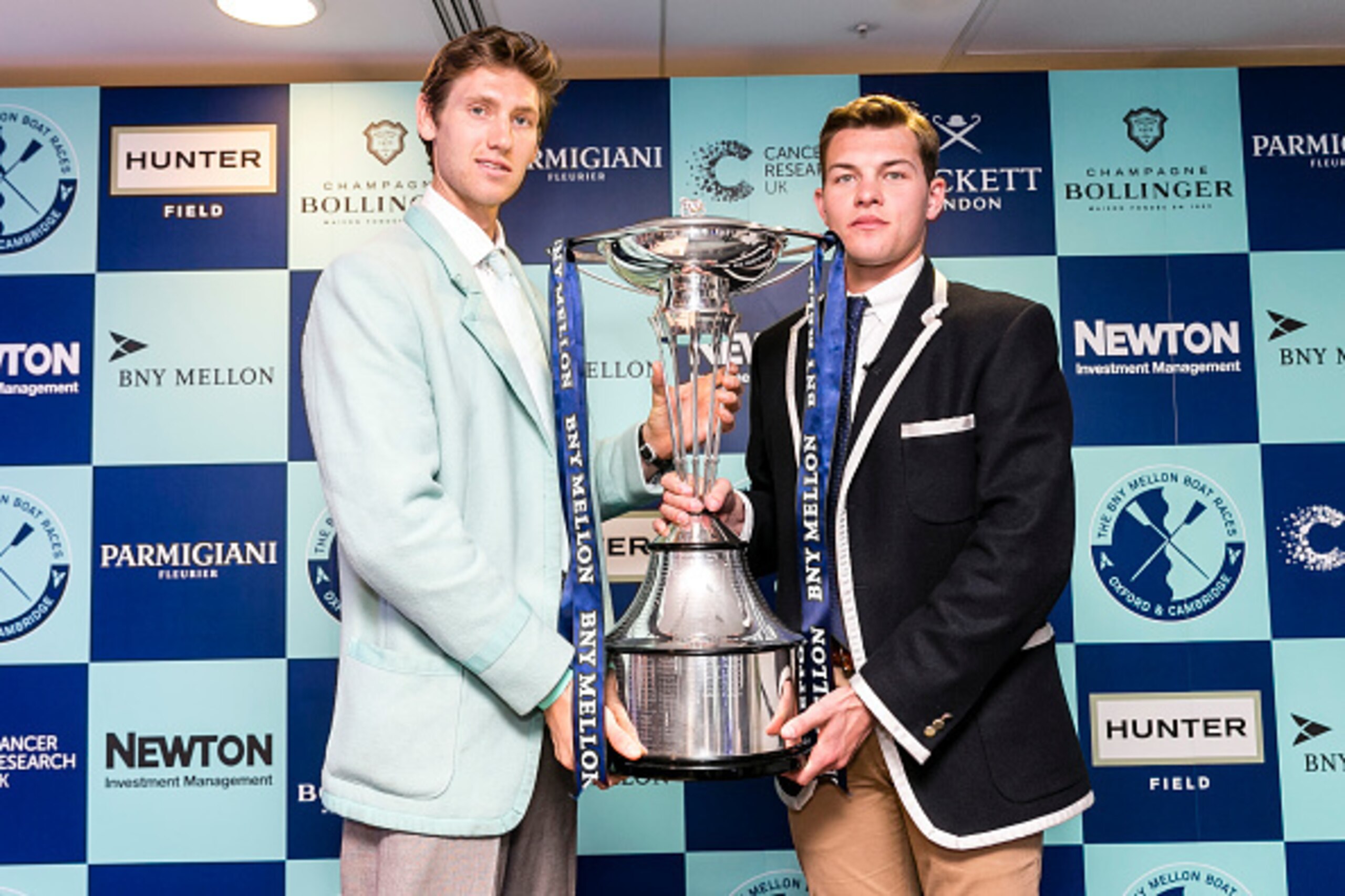 LONDON, ENGLAND - OCTOBER 22:  (L-R)  Henry Hoffstot, President of Cambridge University Boat Club and Morgan Gerlak President of Oxford University Boat Club take part in the official challenge during the BNY Mellon University Boat Race and Newton Women's 