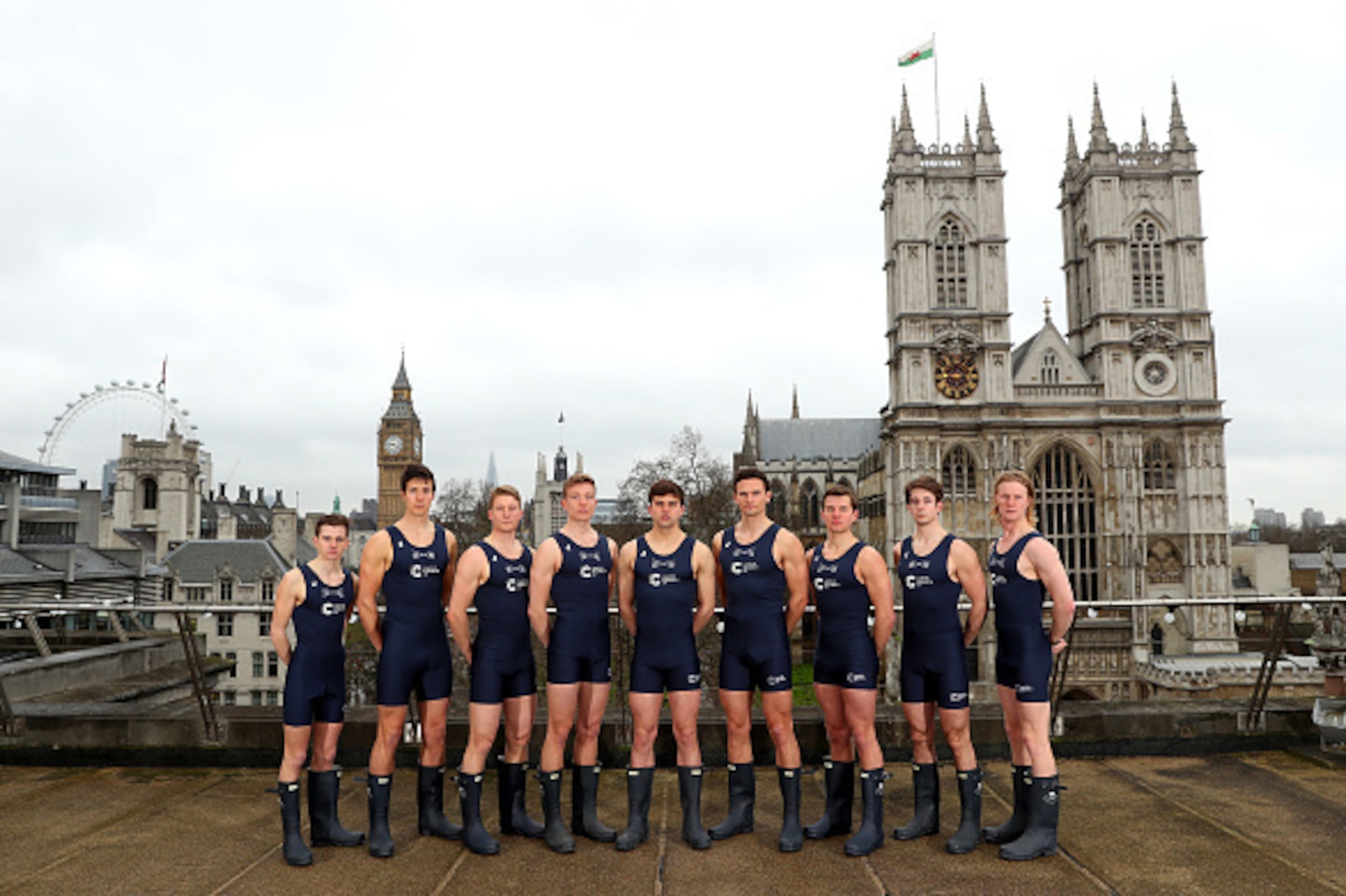 LONDON, ENGLAND - MARCH 01:  (L-R) The Oxford University Boat Crew: Sam Collier, Nik Hazell, Jamie Cook, Jorgen Tveit, Leo Carrington, Joshua Bugajski, Morgan Gerlak, James White and George McKirdy pose during The 2016 Cancer Research UK Boat Races Crew A