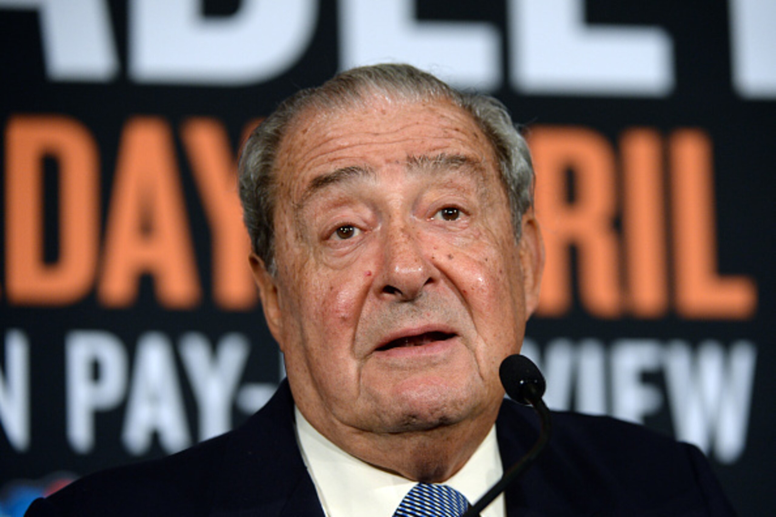 BEVERLY HILLS, CA - JANUARY 19: Promoter Bob Arum  announces the upcoming world welterweight championship bout between Manny Pacquiao and Timothy Bradley during a news conference at the Beverly Hills Hotel January 19, 2016 in Beverly Hills, California. Th