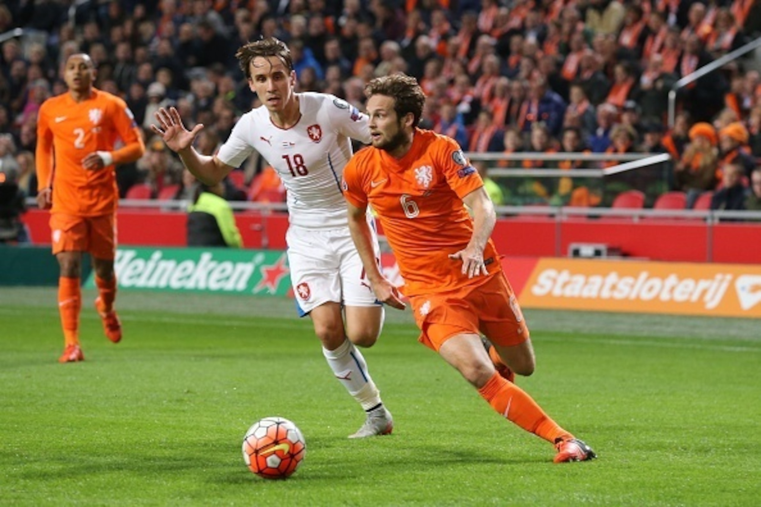(L-R) Josef Sural of Czech Republik, Daley Blind of Holland during the EURO 2016 qualifying match between Netherlands and Czech Republic on October 10, 2015 at the Amsterdam Arena in Amsterdam, The Netherlands.(Photo by VI Images via Getty Images)
