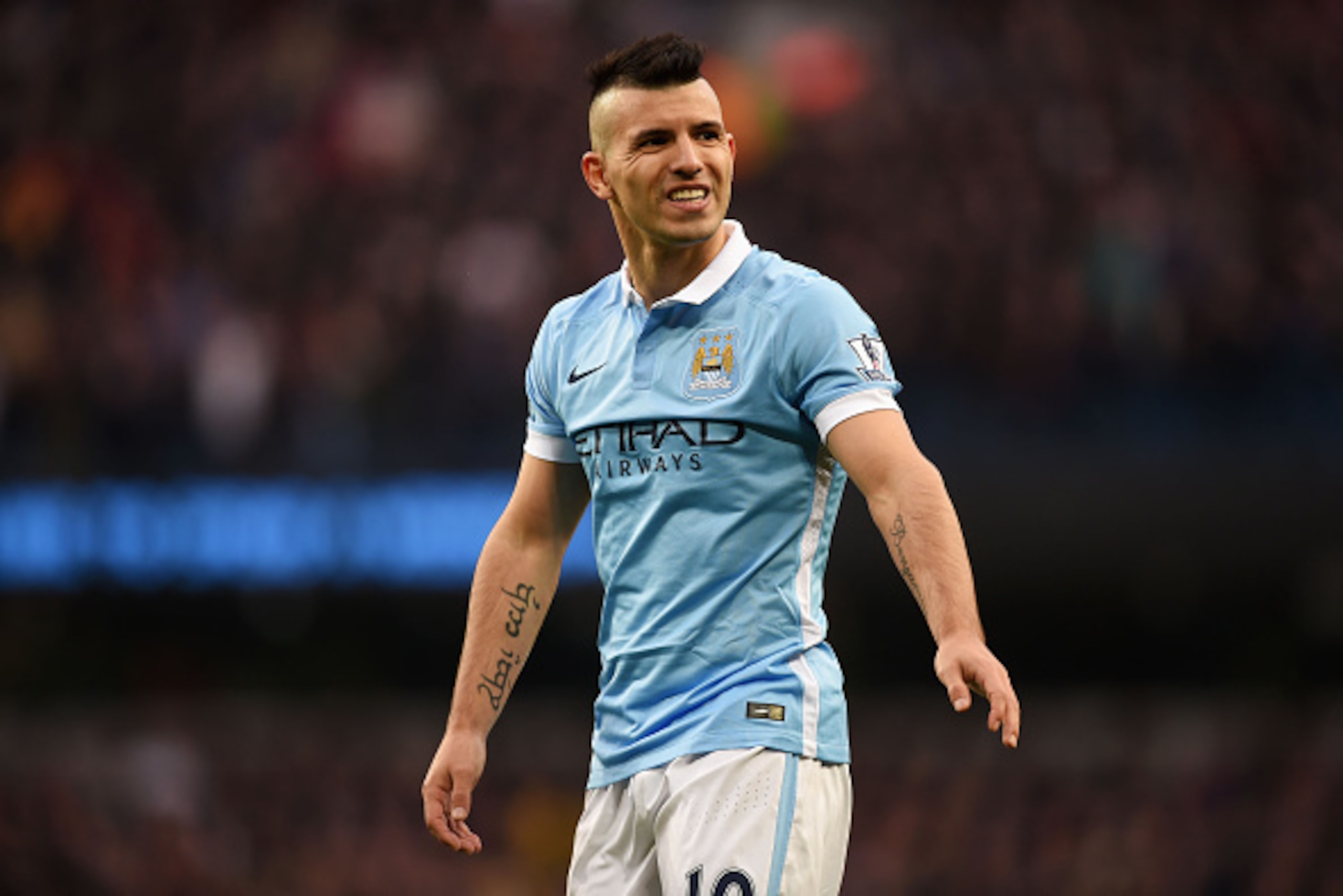 MANCHESTER, ENGLAND - MARCH 20:  Sergio Aguero of Manchester City looks on during the Barclays Premier League match between Manchester City and Manchester United at Etihad Stadium on March 20, 2016 in Manchester, United Kingdom.  (Photo by Michael Regan/G