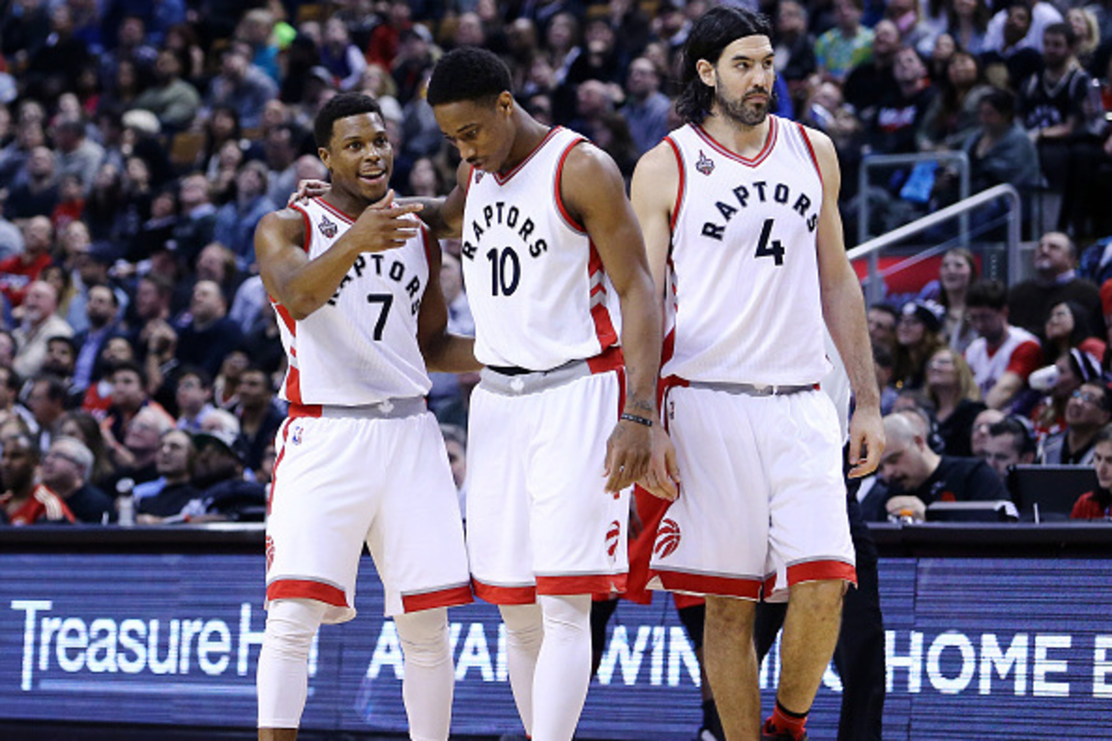 TORONTO, ON - MARCH 06: Kyle Lowry #7 and DeMar DeRozan #10 of the Toronto Raptors talk during the first half of an NBA game against the Houston Rockets at the Air Canada Centre on March 06, 2016 in Toronto, Ontario, Canada. NOTE TO USER: User expressly TORONTO, ON - MARCH 06: Kyle Lowry #7 and DeMar DeRozan #10 of the Toronto Raptors talk during the first half of an NBA game against the Houston Rockets at the Air Canada Centre on March 06, 2016 in Toronto, Ontario, Canada. NOTE TO USER: User expressly