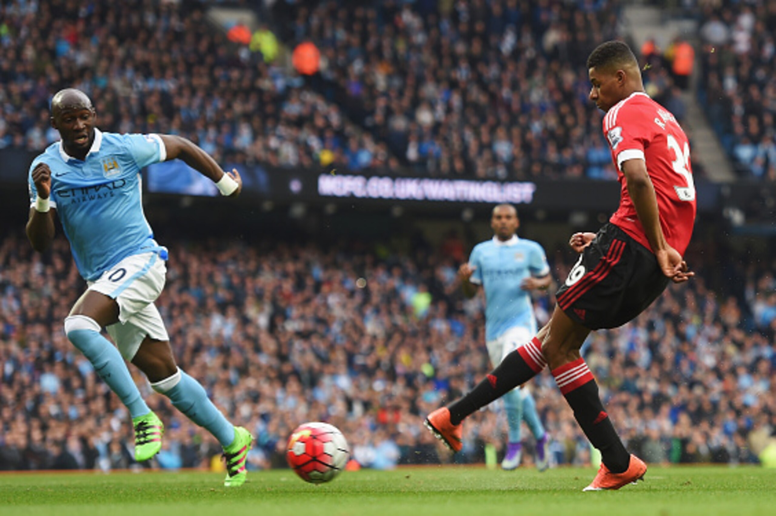 MANCHESTER, ENGLAND - MARCH 20:  Marcus Rashford of Manchester United scores their first goal during the Barclays Premier League match between Manchester City and Manchester United at Etihad Stadium on March 20, 2016 in Manchester, United Kingdom.  (Photo