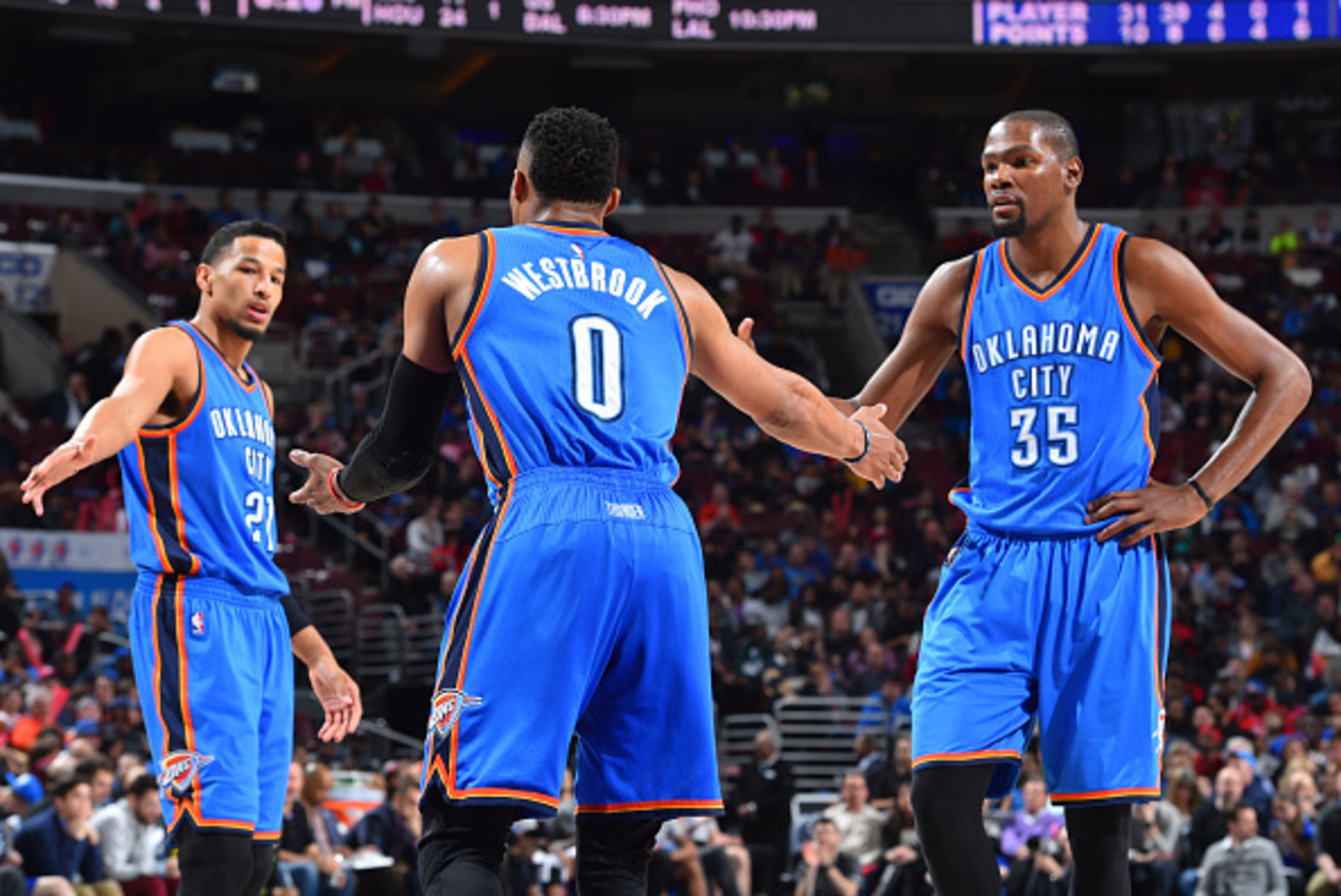 PHILADELPHIA,PA - MARCH 18: Kevin Durant #35 and Russell Westbrook #0 and Andre Roberson #21 of the Oklahoma City Thunder shake hands against the Philadelphia 76ers at Wells Fargo Center on March 18, 2016 in Philadelphia, Pennsylvania NOTE TO USER: User PHILADELPHIA,PA - MARCH 18: Kevin Durant #35 and Russell Westbrook #0 and Andre Roberson #21 of the Oklahoma City Thunder shake hands against the Philadelphia 76ers at Wells Fargo Center on March 18, 2016 in Philadelphia, Pennsylvania NOTE TO USER: User