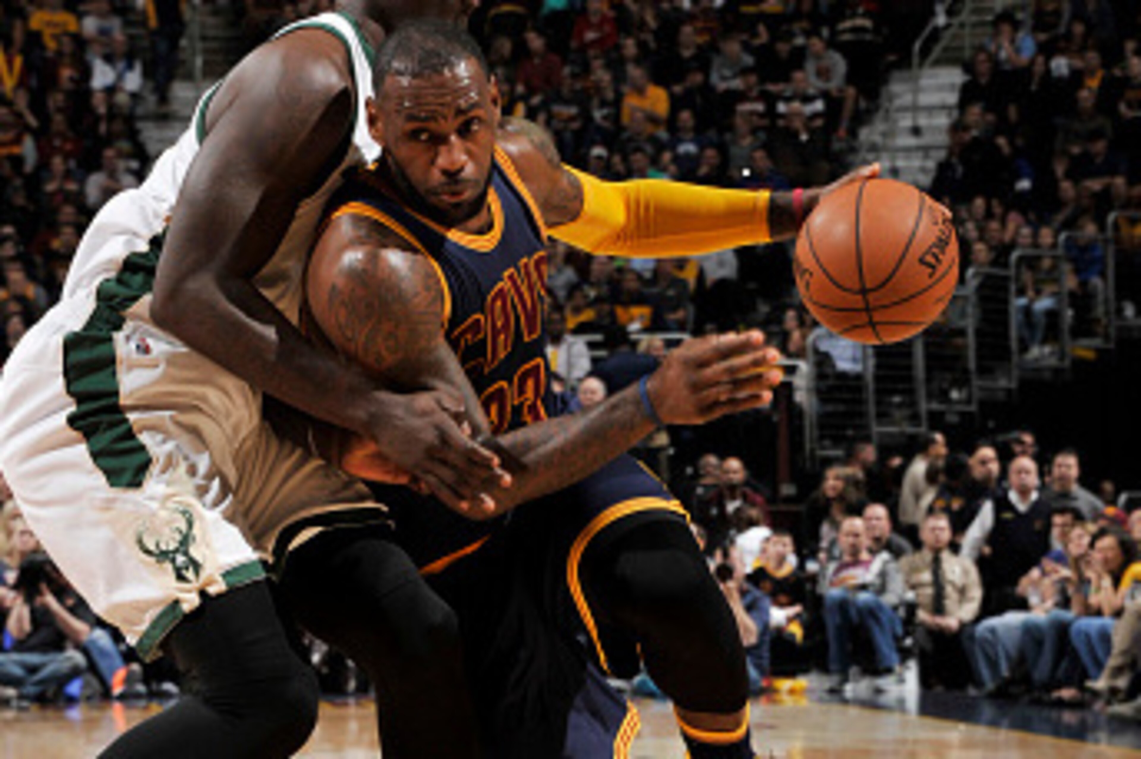 CLEVELAND, OH - MARCH 23:  LeBron James #23 of the Cleveland Cavaliers handles the ball against the Milwaukee Buckson March 23, 2016 at Quicken Loans Arena in Cleveland, Ohio.  NOTE TO USER: User expressly acknowledges and agrees that, by downloading and 