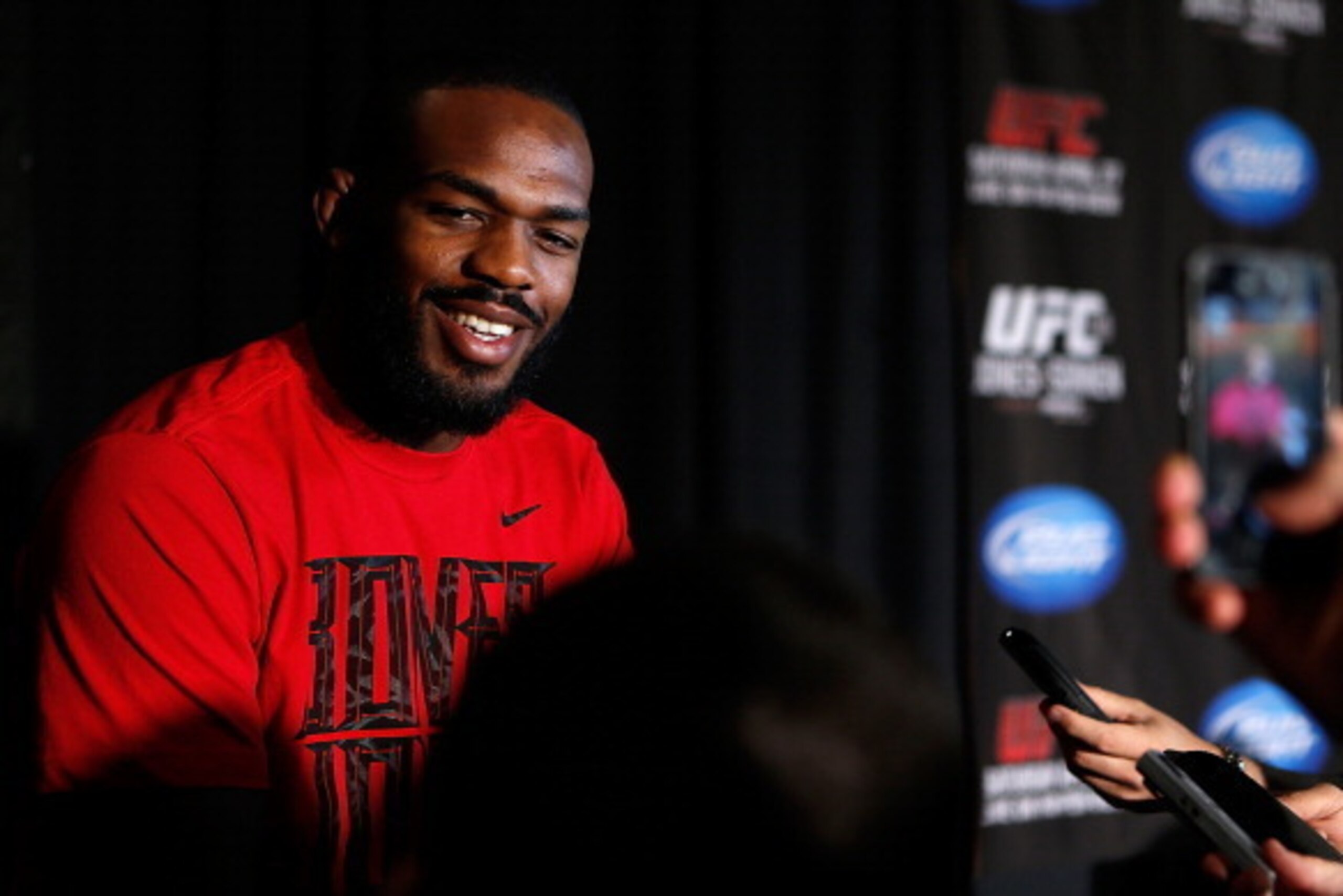 NEW YORK, NY - APRIL 25:   UFC Light Heavyweight Champion Jon 'Bones' Jones interacts with media during UFC 159 media day at The Theater at Madison Square Garden on April 25, 2013 in New York City.  (Photo by Josh Hedges/Zuffa LLC/Zuffa LLC via Getty Imag