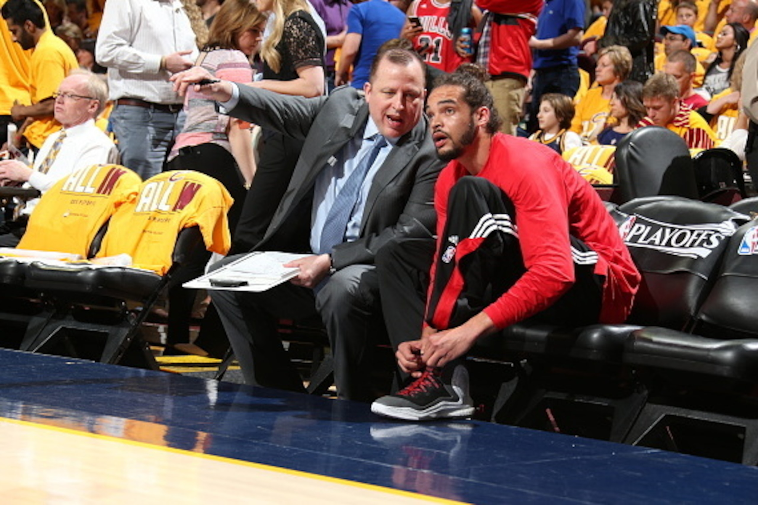 CLEVELAND, OH - MAY 4:  Head coach Tom Thibodeau and Joakim Noah #13 of the Chicago Bulls talk before Game One of the Eastern Conference Semifinals against the Cleveland Cavaliers during the 2015 NBA Playoffs on May 4, 2015 at Quicken Loans Arena in Cleve