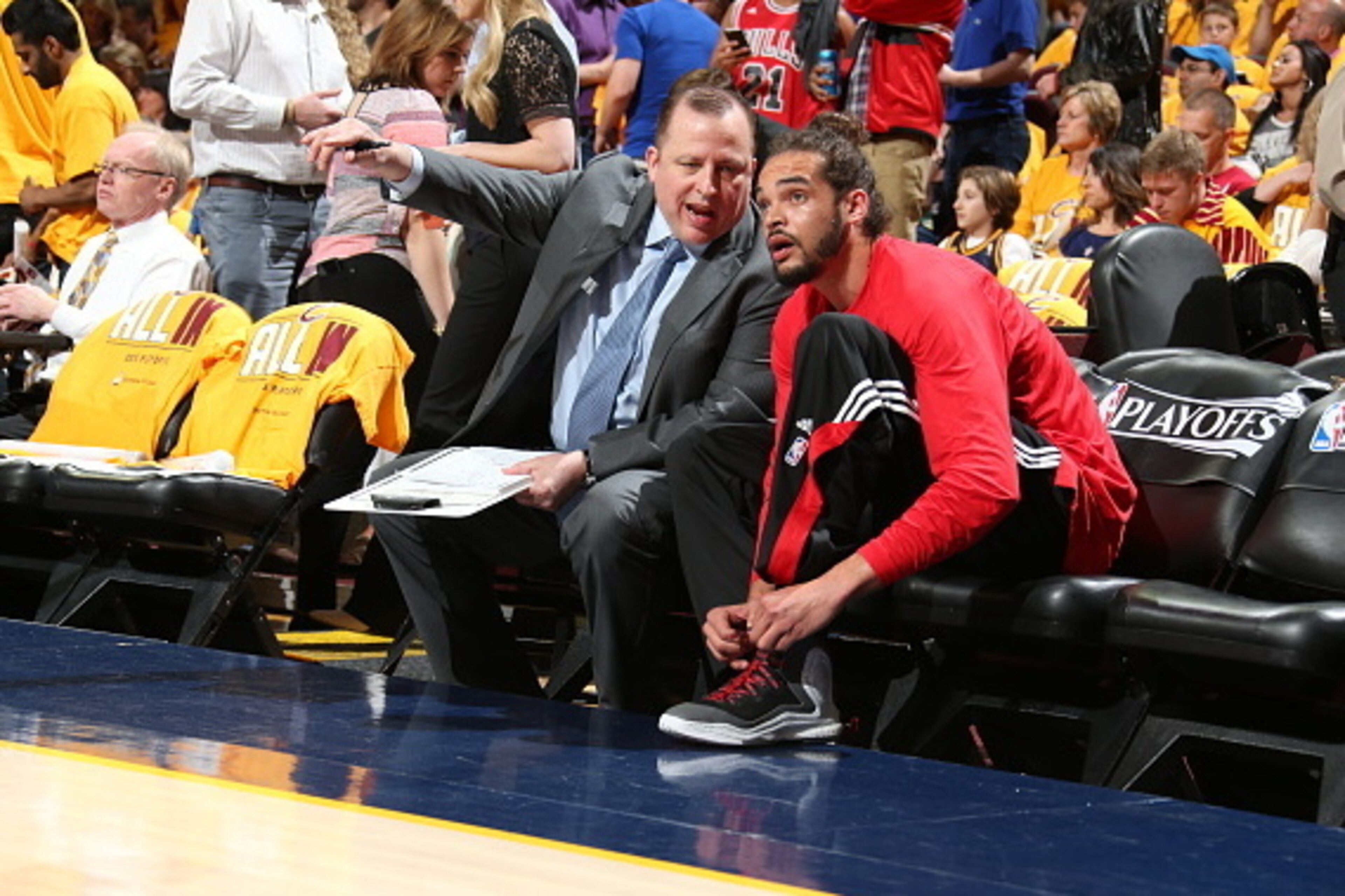 CLEVELAND, OH - MAY 4:  Head coach Tom Thibodeau and Joakim Noah #13 of the Chicago Bulls talk before Game One of the Eastern Conference Semifinals against the Cleveland Cavaliers during the 2015 NBA Playoffs on May 4, 2015 at Quicken Loans Arena in Cleve