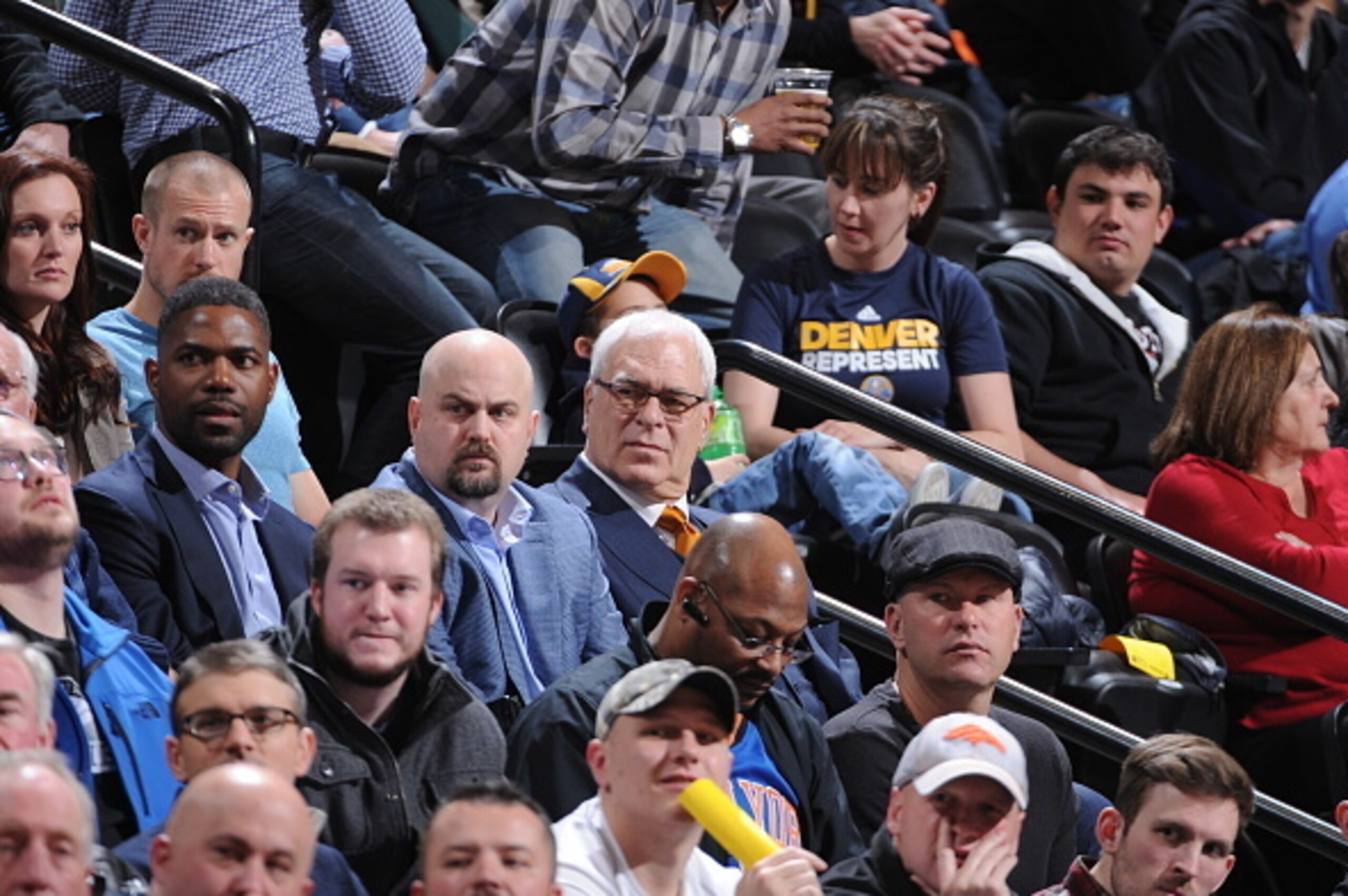DENVER, CO - MARCH 8:  New York Knicks president Phil Jackson watches the game against the Denver Nuggets on March 8, 2016 at the Pepsi Center in Denver, Colorado. NOTE TO USER: User expressly acknowledges and agrees that, by downloading and/or using this