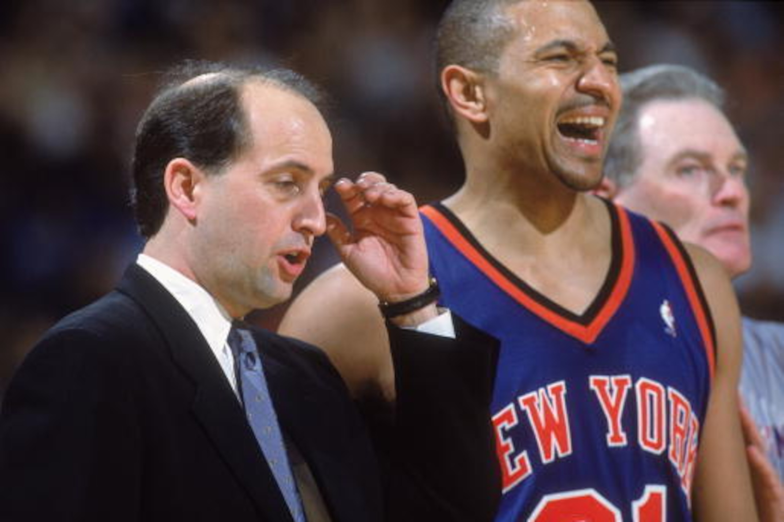 27 Mar 2001:  Head Coach Jeff Van Gundy of the New York Knicks looks stunned as Mark Jackson #31 reacts to the play during the game against the Sacramento Kings at the Arco Arena in Sacramento, California. The Kings defeated the Knicks 124-117.  NOTE TO U