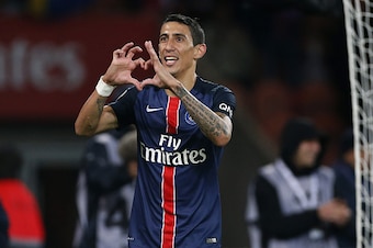 PARIS, FRANCE - SEPTEMBER 22: Angel Di Maria of PSG celebrates his first goal in Ligue 1 during the French Ligue 1 match between Paris Saint-Germain FC (PSG) and EA Guingamp at Parc des Princes stadium on September 22, 2015 in Paris, France. (Photo by Jea