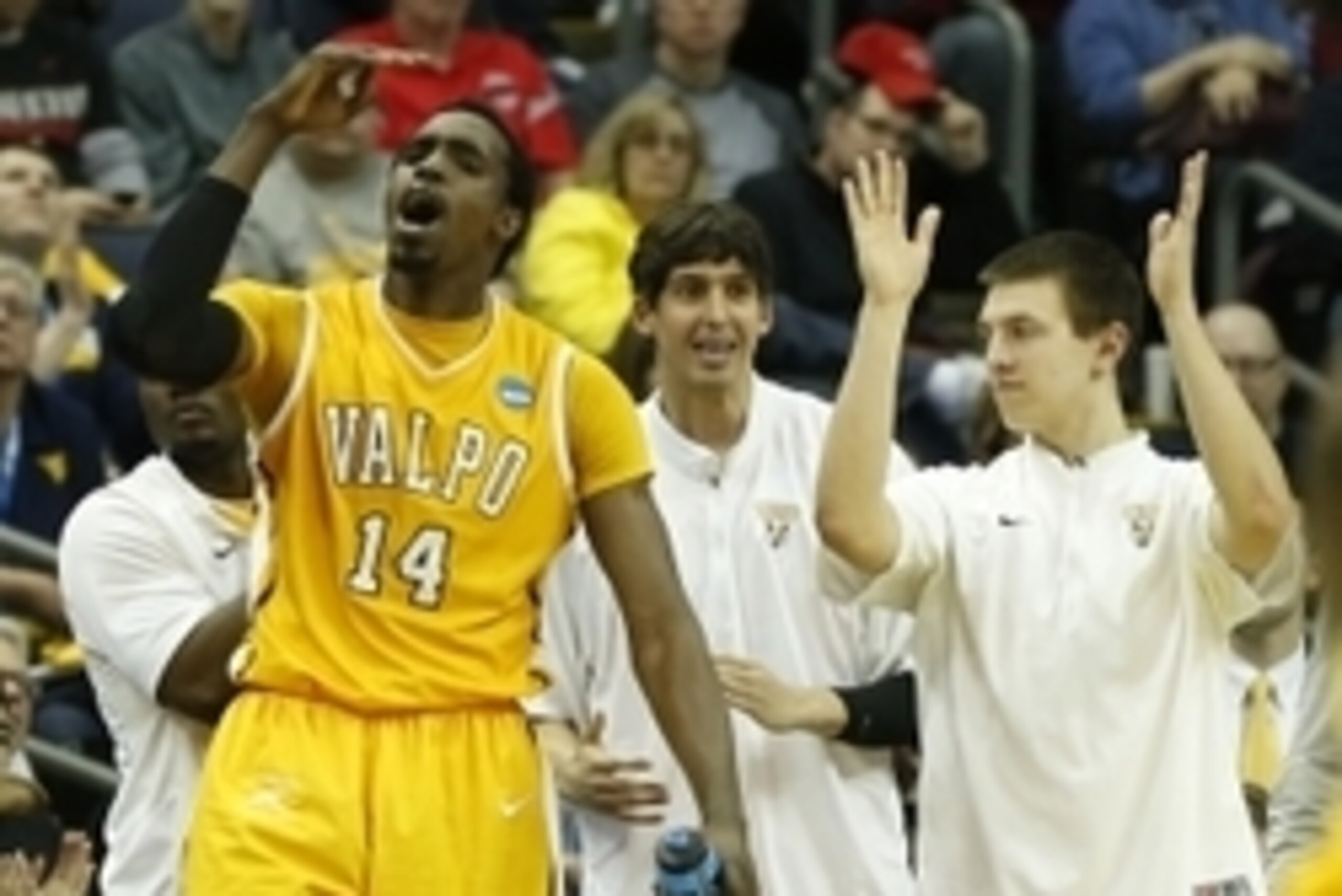 Mar 20, 2015; Columbus, OH, USA; Valparaiso Crusaders center Vashil Fernandez (14) reacts from the bench during the second half against the Maryland Terrapins in the second round of the 2015 NCAA Tournament at Nationwide Arena. Mandatory Credit: Greg Bart
