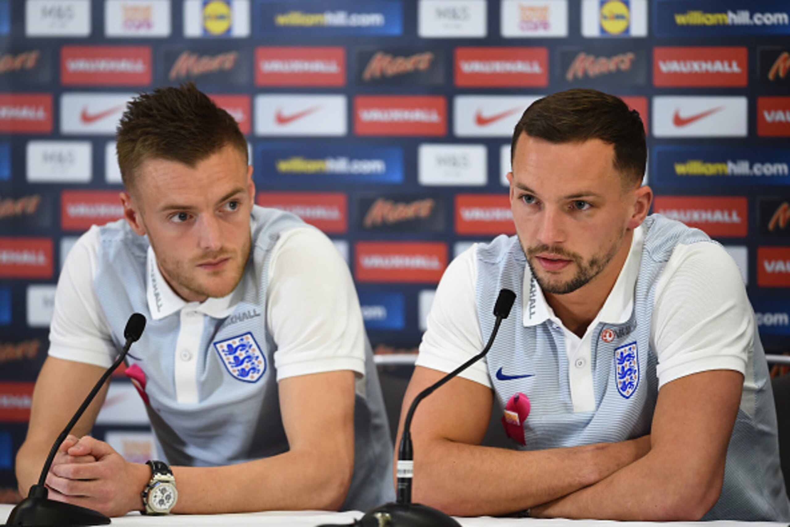 BURTON-UPON-TRENT, ENGLAND - MARCH 22:  Danny Drinkwater and Jamie Vardy of England talk to the press during England Training Session and Press Conference at St Georges Park on March 22, 2016 in Burton-upon-Trent, England.  (Photo by Laurence Griffiths/Ge