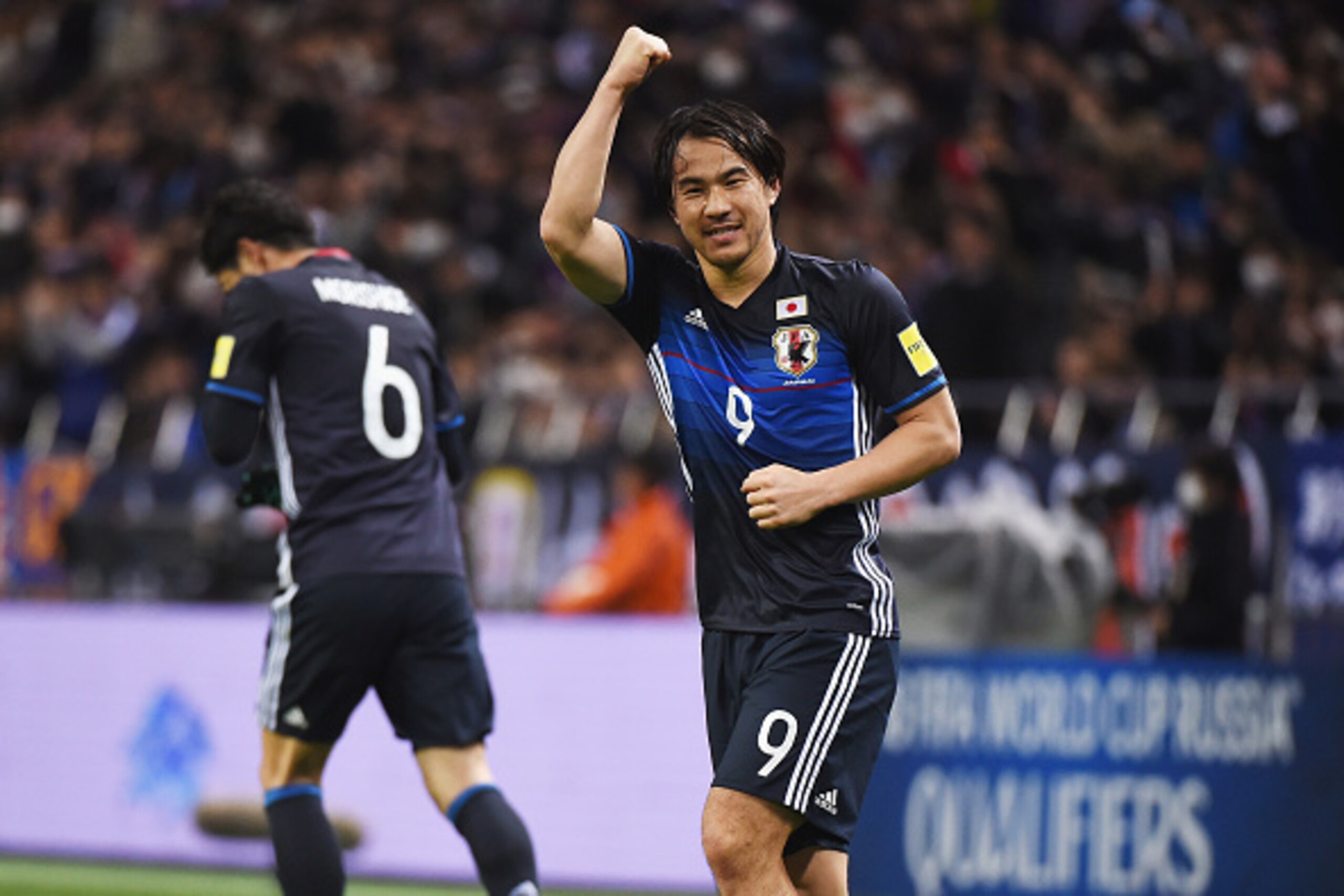 SAITAMA, JAPAN - MARCH 24:  Shinji Okazaki of Japan celebrates scoring his team's first goal during the FIFA World Cup Russia Asian Qualifier second round match between Japan and Afghanistan at the Saitama Stadium on March 24, 2016 in Saitama, Japan.  (Ph