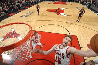 CHICAGO, IL - FEBRUARY 27: Pau Gasol #16 of the Chicago Bulls grabs the rebound against the Portland Trail Blazers during the game on February 27, 2016 at United Center in Chicago, Illinois. NOTE TO USER: User expressly acknowledges and agrees that, by do