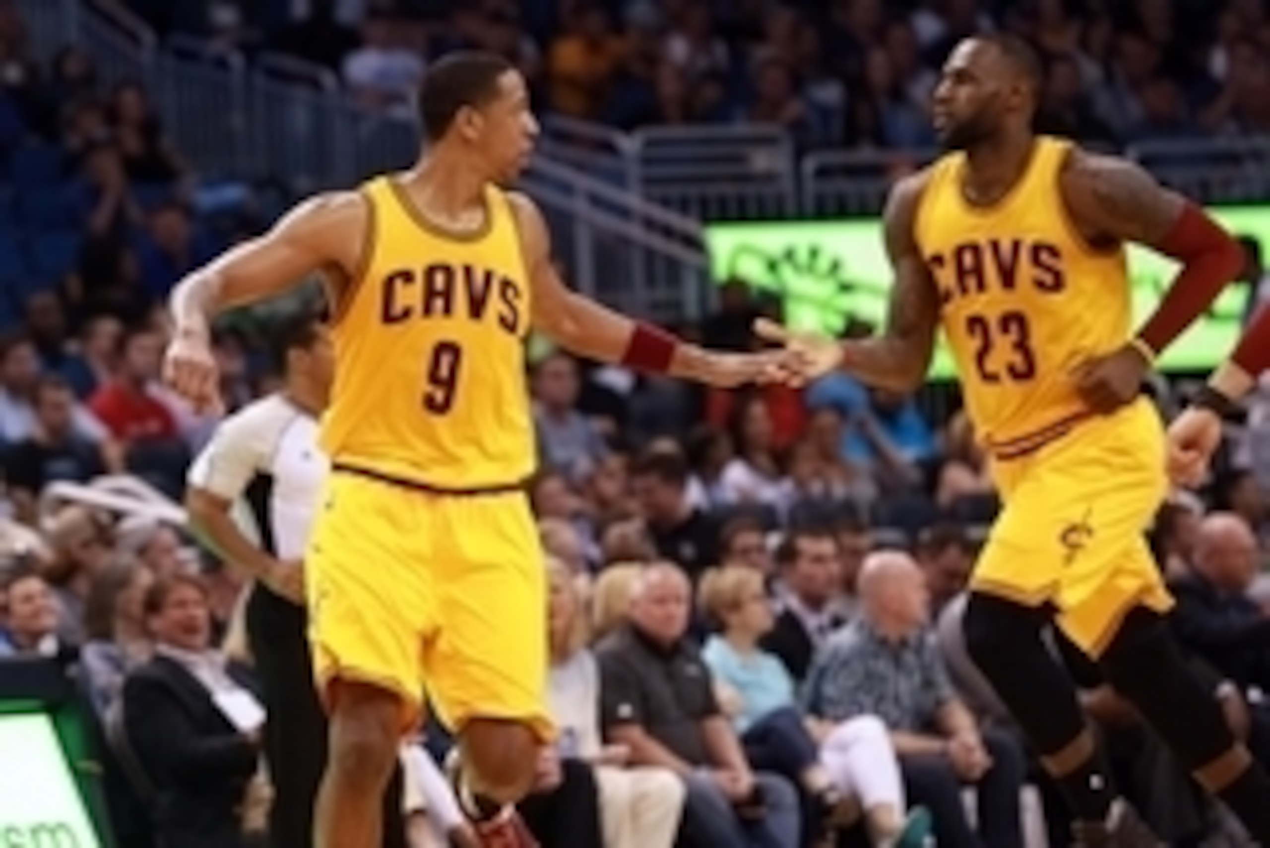 Mar 18, 2016; Orlando, FL, USA; Cleveland Cavaliers forward Channing Frye (9) and forward LeBron James (23) high five against the Orlando Magic during the second half at Amway Center. Cleveland Cavaliers defeated the Orlando Magic 109-103. Mandatory Credi