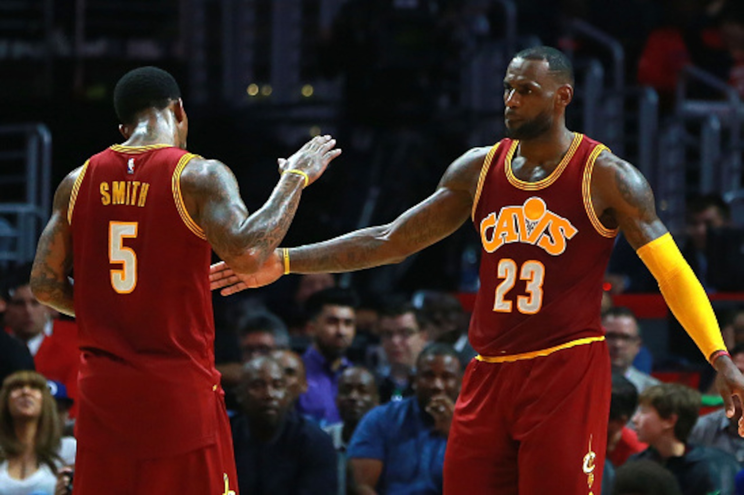 LOS ANGELES, CA - MARCH 13: LeBron James #23 and J.R. Smith #5 of the Cleveland Cavaliers celebrate after a scoring play in the second half of an NBA game against the Los Angeles Clippers at Staples Center on March 13, 2016 in Los Angeles, California. The