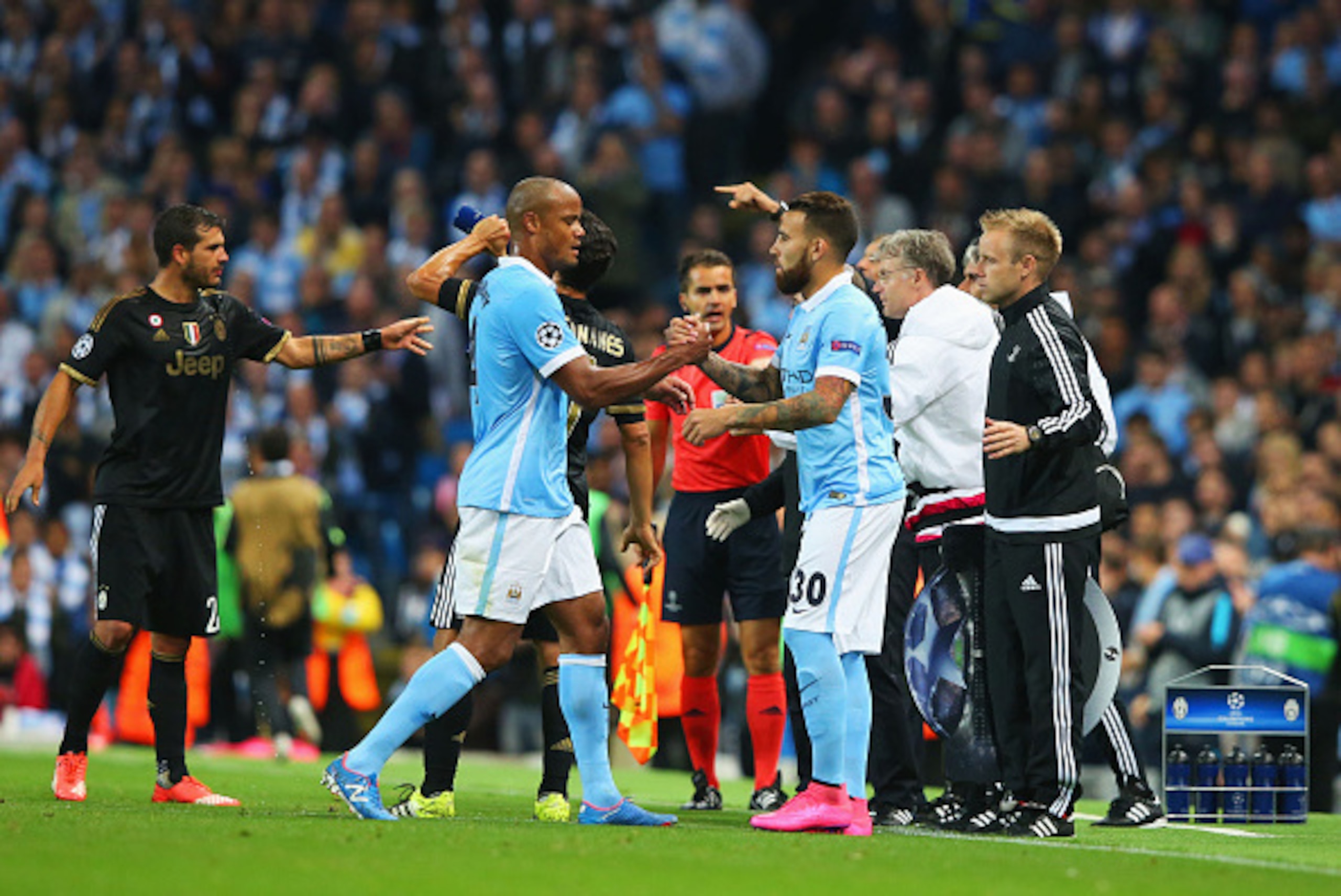 MANCHESTER, ENGLAND - SEPTEMBER 15: An injured Vincent Kompany of Manchester City is substituted for Nicolas Otamendi of Manchester City during the UEFA Champions League Group D match between Manchester City FC and Juventus at the Etihad Stadium on Sept MANCHESTER, ENGLAND - SEPTEMBER 15: An injured Vincent Kompany of Manchester City is substituted for Nicolas Otamendi of Manchester City during the UEFA Champions League Group D match between Manchester City FC and Juventus at the Etihad Stadium on Sept