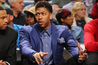 NEW ORLEANS, LA - MARCH 20:  Anthony Davis #23 of the New Orleans Pelicans looks on during the game against the Los Angeles Clippers on March 20, 2016 at Smoothie King Center in New Orleans, Louisiana. NOTE TO USER: User expressly acknowledges and agrees 