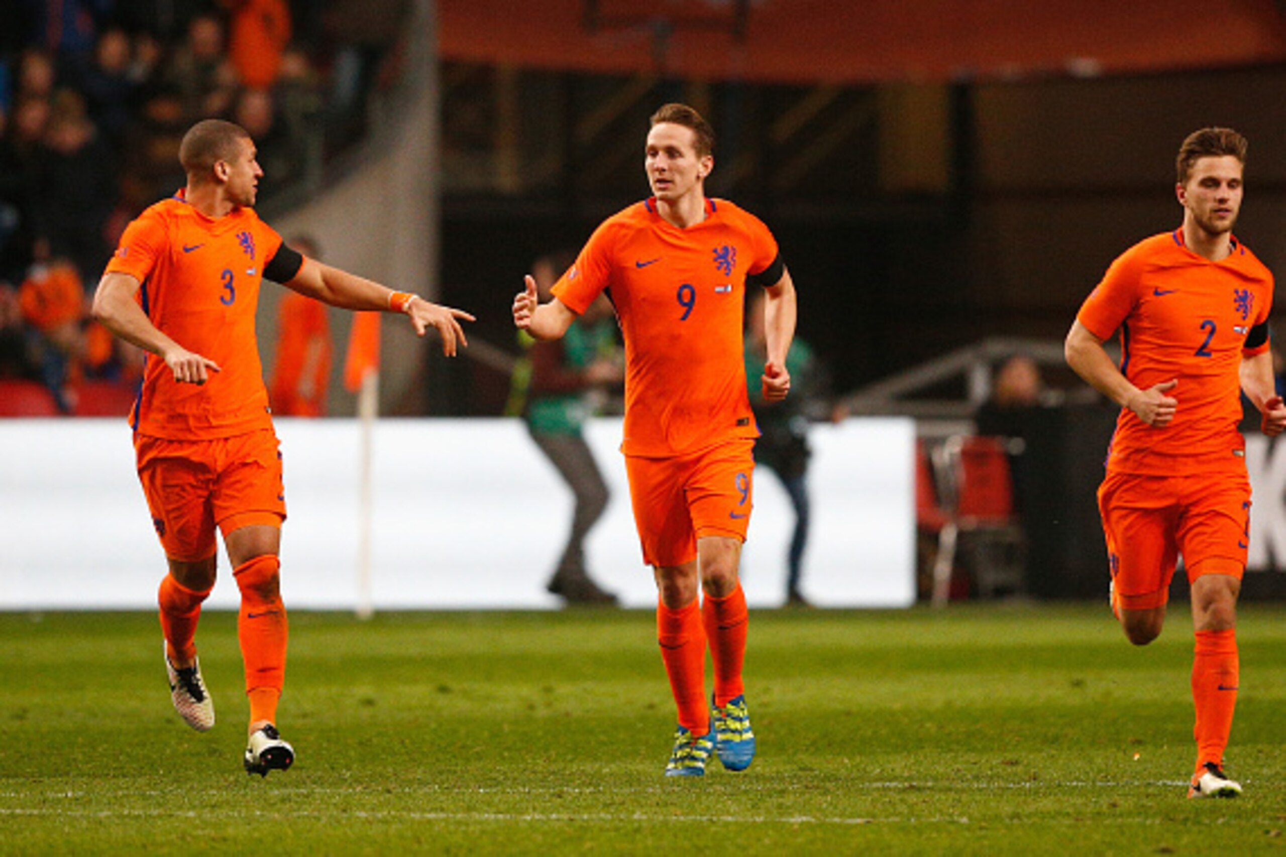 AMSTERDAM, NETHERLANDS - MARCH 25:  Luuk de Jong of the Netherlands celebrates scoring his team's opening goal during the International Friendly match between Netherlands and France at Amsterdam Arena on March 25, 2016 in Amsterdam, Netherlands.  (Photo b