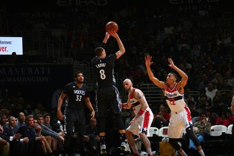 WASHINGTON, DC -  MARCH 25: Zach LaVine #8 of the Minnesota Timberwolves shoots the ball against the Washington Wizards on March 25, 2016 at Verizon Center in Washington, DC. NOTE TO USER: User expressly acknowledges and agrees that, by downloading and or