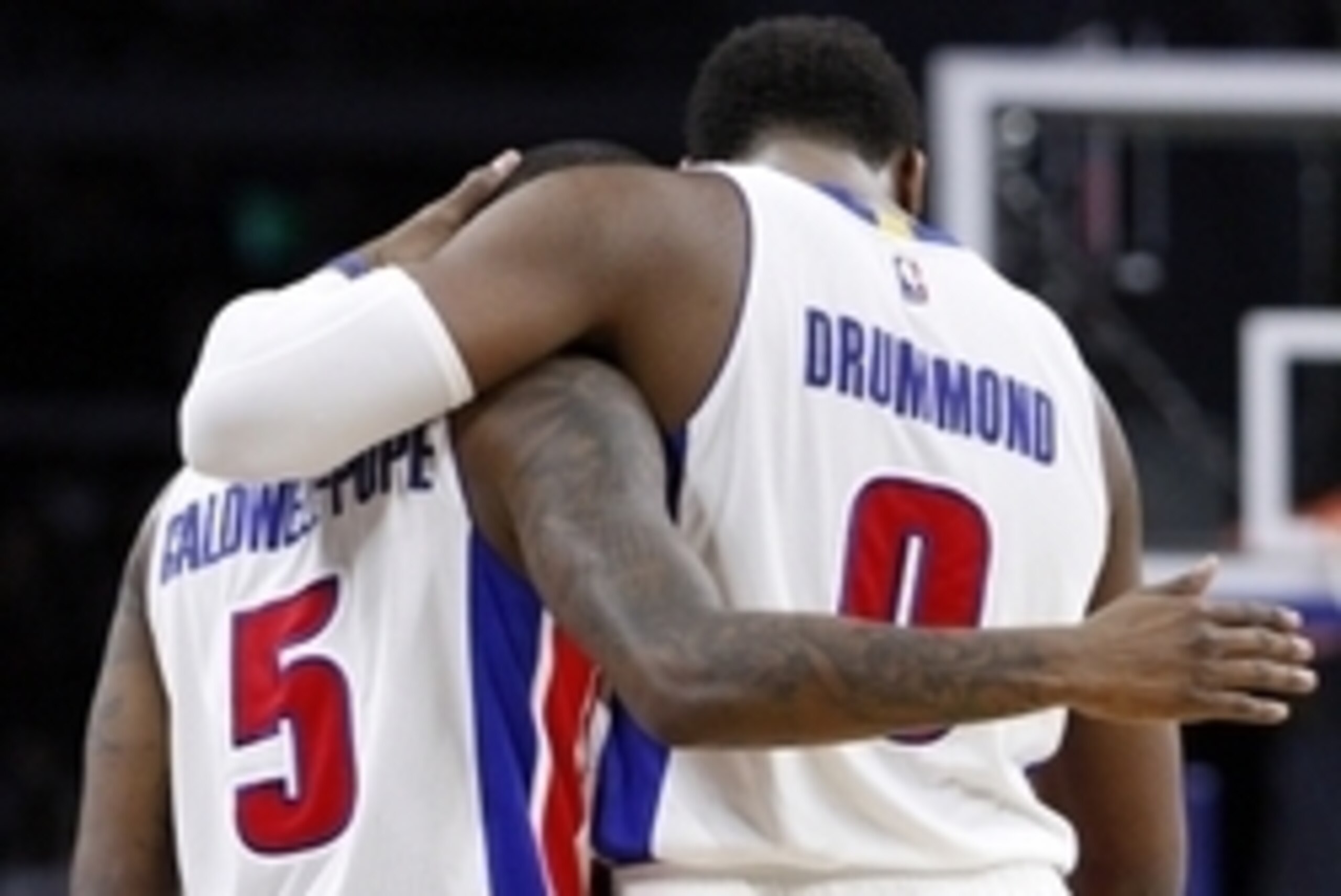 Mar 25, 2016; Auburn Hills, MI, USA; Detroit Pistons center Andre Drummond (0) hugs guard Kentavious Caldwell-Pope (5) after a play during the second quarter against the Charlotte Hornets at The Palace of Auburn Hills. Mandatory Credit: Raj Mehta-USA TODA Mar 25, 2016; Auburn Hills, MI, USA; Detroit Pistons center Andre Drummond (0) hugs guard Kentavious Caldwell-Pope (5) after a play during the second quarter against the Charlotte Hornets at The Palace of Auburn Hills. Mandatory Credit: Raj Mehta-USA TODA