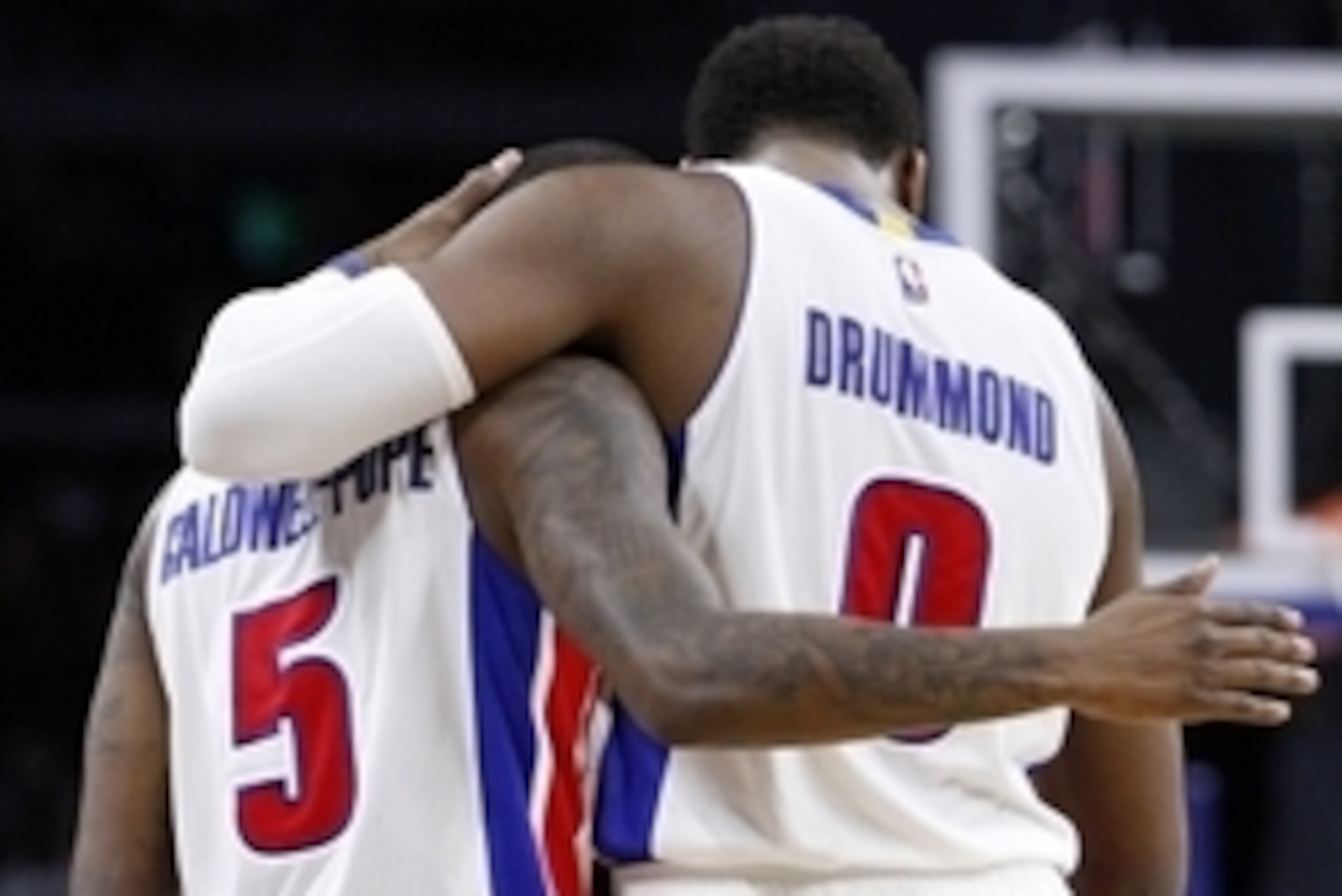 Mar 25, 2016; Auburn Hills, MI, USA; Detroit Pistons center Andre Drummond (0) hugs guard Kentavious Caldwell-Pope (5) after a play during the second quarter against the Charlotte Hornets at The Palace of Auburn Hills. Mandatory Credit: Raj Mehta-USA TODA Mar 25, 2016; Auburn Hills, MI, USA; Detroit Pistons center Andre Drummond (0) hugs guard Kentavious Caldwell-Pope (5) after a play during the second quarter against the Charlotte Hornets at The Palace of Auburn Hills. Mandatory Credit: Raj Mehta-USA TODA
