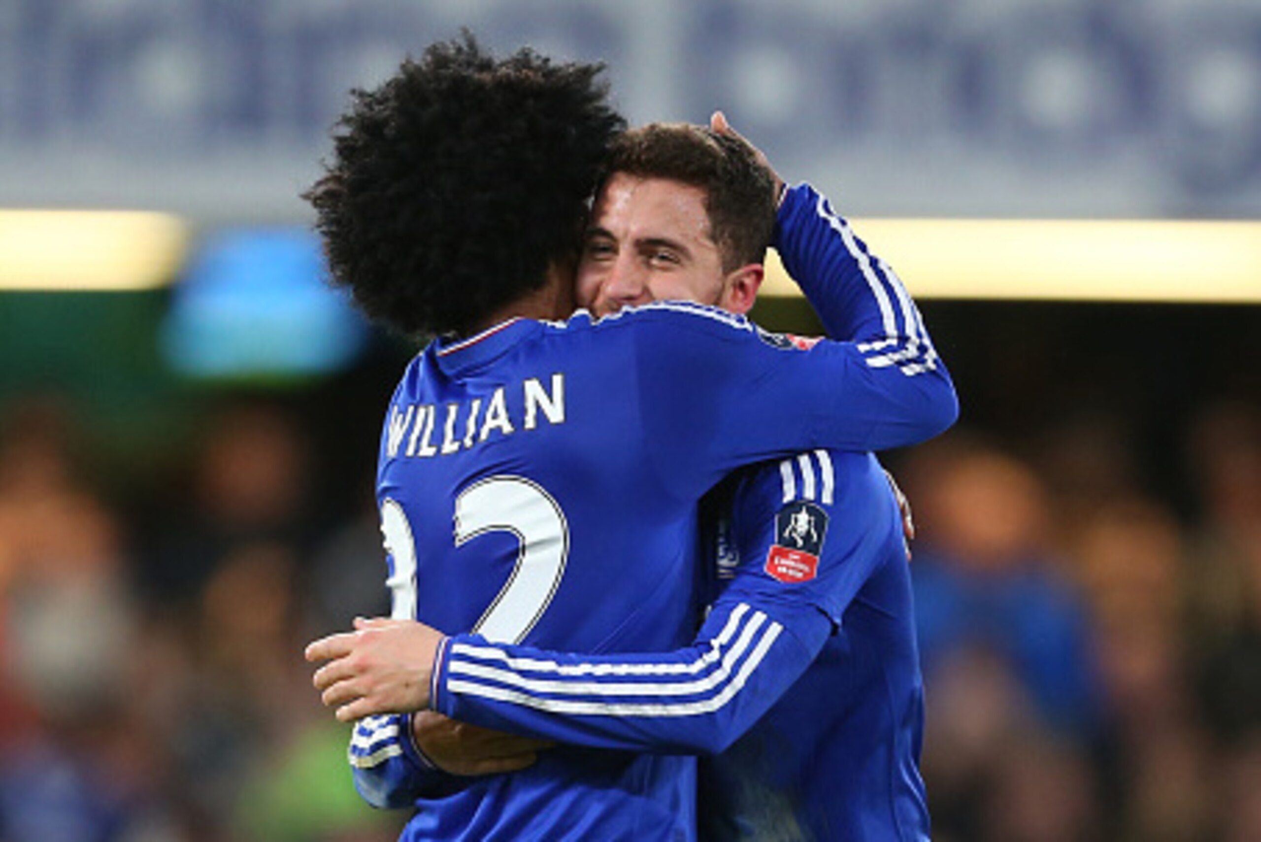 LONDON, ENGLAND - FEBRUARY 21 :  Eden Hazard of Chelsea celebrates after he scores to make it 4-1 with Willian of Chelsea during the Emirates FA Cup match between Chelsea and Manchester City at Stamford Bridge on February 21, 2016 in London, England.  (Ph