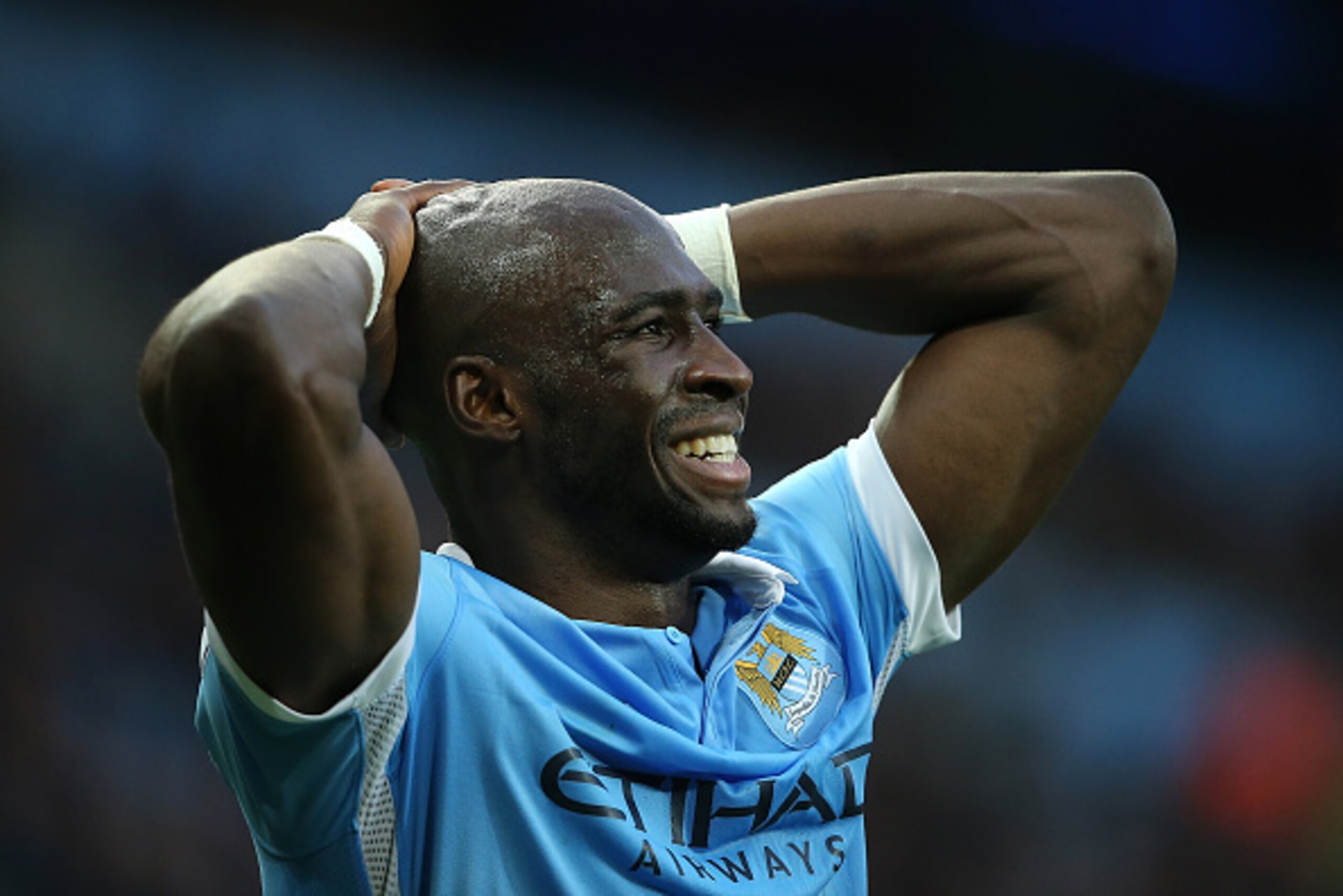 MANCHESTER, ENGLAND - MARCH 20:  Eliaquim Mangala of Manchester City reacts at the end of the Barclays Premier League match between Manchester City and Manchester United at the Etihad Stadium on March 20, 2016 in Manchester, England.  (Photo by Matthew As