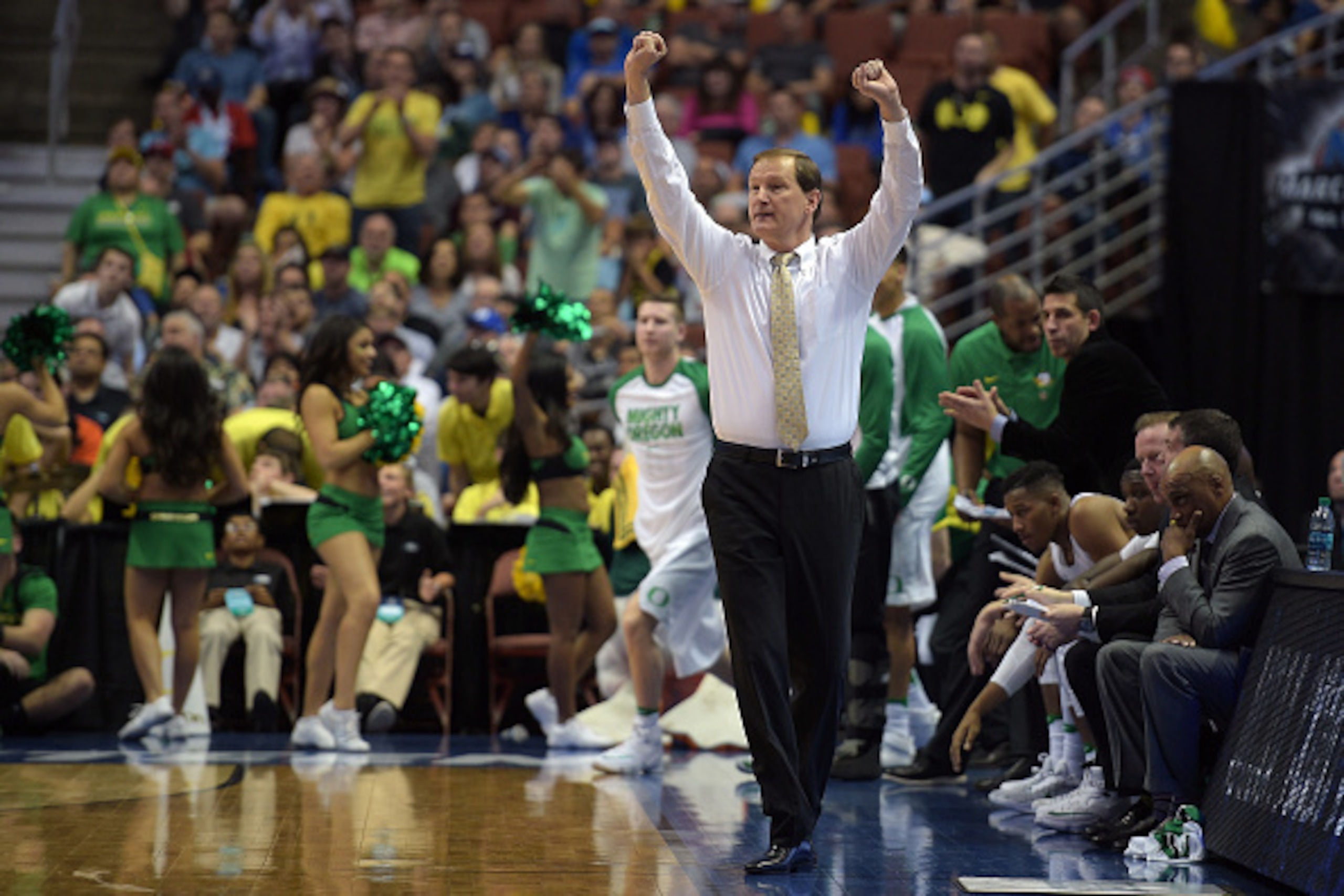 ANAHEIM, CA - MARCH 24: Head coach Dana Altman of the Oregon Ducks reacts near the end of their game against the Duke Blue Devils during the West Regional Semifinal of the 2016 NCAA Men's Basketball Tournament at Honda Center on March 24, 2016 in Anaheim,