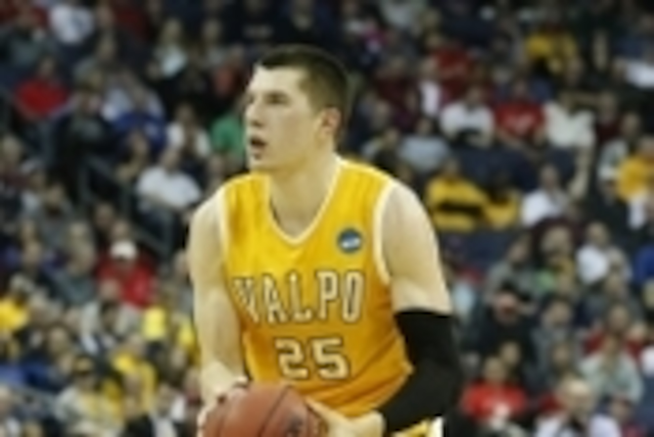 Mar 20, 2015; Columbus, OH, USA; Valparaiso Crusaders forward Alec Peters (25) shoots during the first half against the Maryland Terrapins in the second round of the 2015 NCAA Tournament at Nationwide Arena. Mandatory Credit: Greg Bartram-USA TODAY Sports