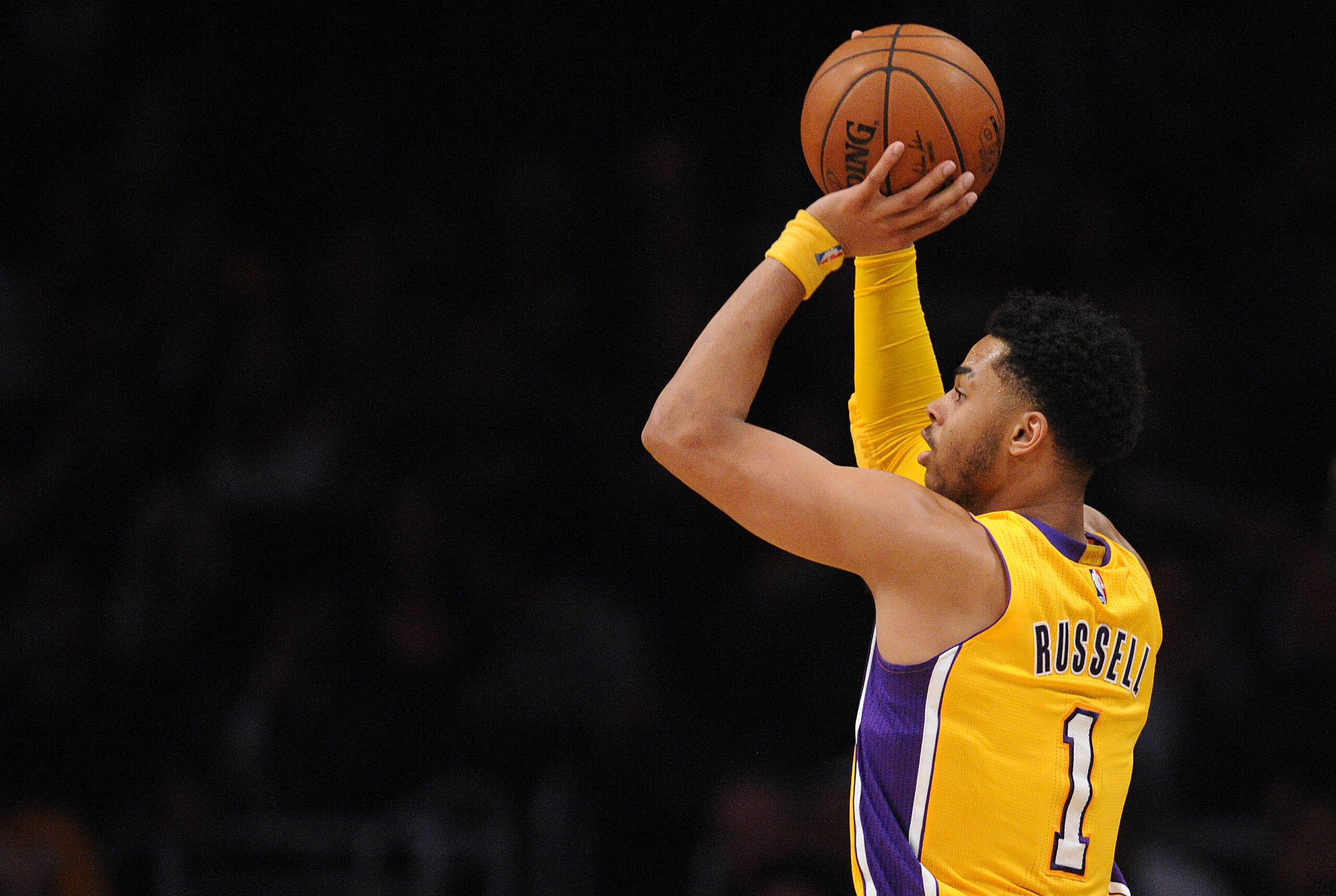 March 4, 2016; Los Angeles, CA, USA; Los Angeles Lakers guard D'Angelo Russell (1) shoots against Atlanta Hawks during the second half at Staples Center. Mandatory Credit: Gary A. Vasquez-USA TODAY Sports