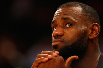 NEW YORK, NY - MARCH 26:  LeBron James #23 of the Cleveland Cavaliers looks on during the game against the New York Knicks during their game at Madison Square Garden on March 26, 2016 in New York City.  NOTE TO USER: User expressly acknowledges and agrees