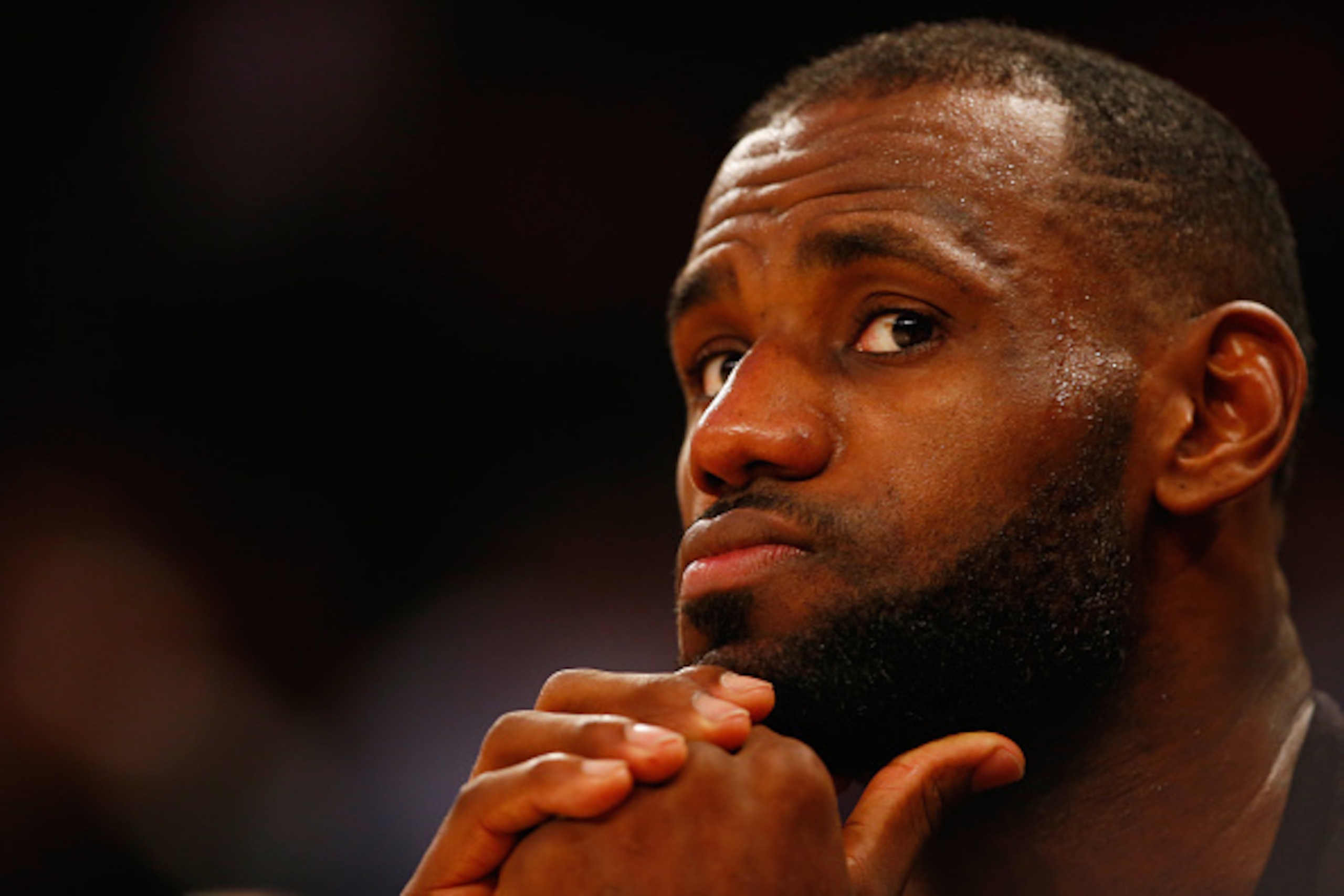 NEW YORK, NY - MARCH 26:  LeBron James #23 of the Cleveland Cavaliers looks on during the game against the New York Knicks during their game at Madison Square Garden on March 26, 2016 in New York City.  NOTE TO USER: User expressly acknowledges and agrees