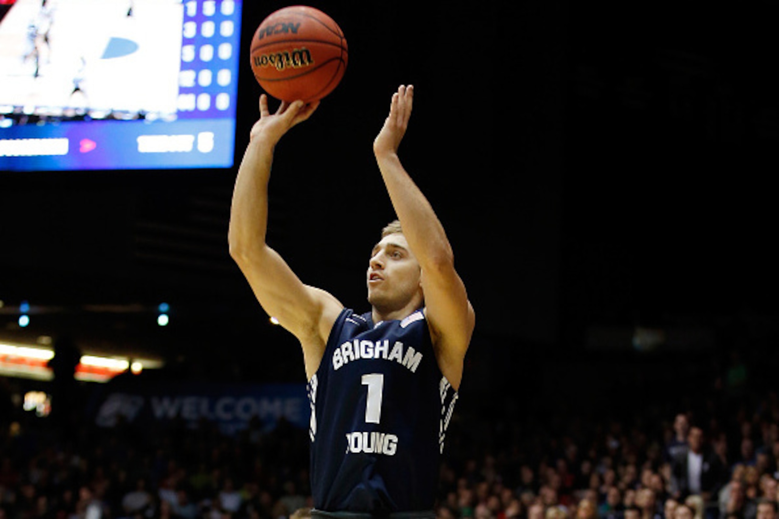 DAYTON, OH - MARCH 17: Chase Fischer #1 of the Brigham Young Cougars takes a shot against the Mississippi Rebels during the first round of the 2015 NCAA Men's Basketball Tournament at UD Arena on March 17, 2015 in Dayton, Ohio.  (Photo by Gregory Shamus/G