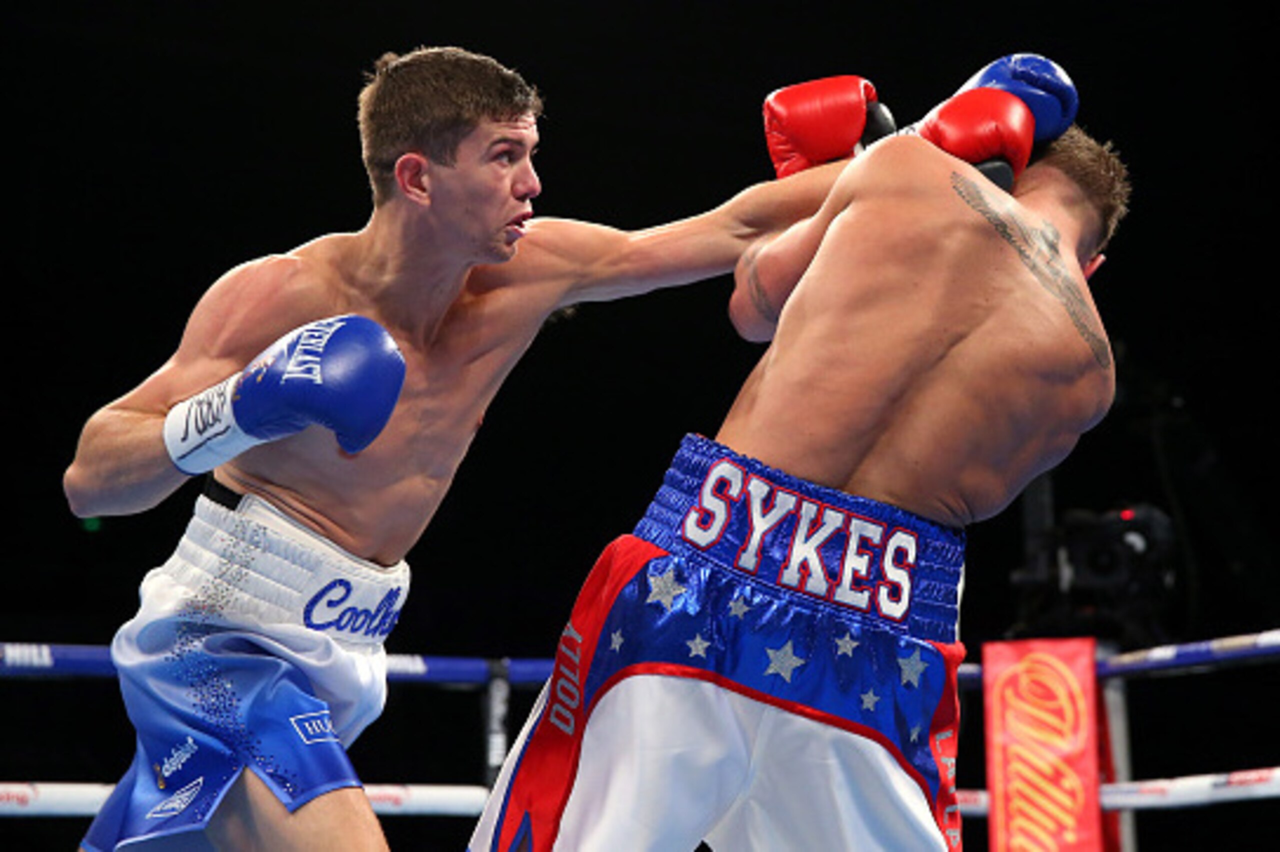 SHEFFIELD, ENGLAND - MARCH 26:  Luke Campbell throws a left shot at Gary Sykes during the Vacant Commonwealth Lightweight Championship fight between Luke Campbell and Gary Sykes at Sheffield Arena on March 26, 2016 in Sheffield, England.  (Photo by Alex L