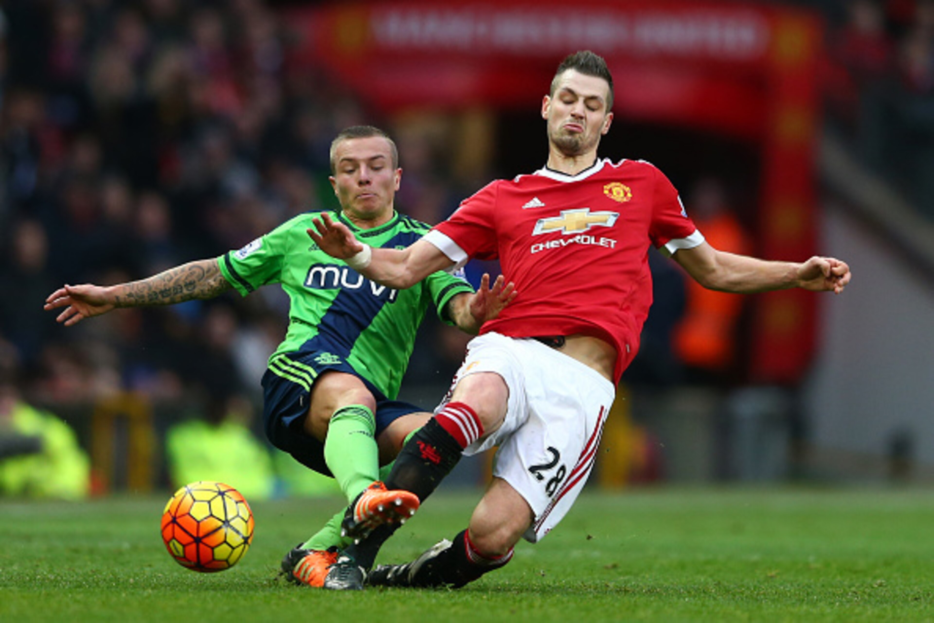 MANCHESTER, ENGLAND - JANUARY 23:  Morgan Schneiderlin of Manchester United and Jordy Clasie of Southampton compete for the ball during the Barclays Premier League match between Manchester United and Southampton at Old Trafford on January 23, 2016 in Manc