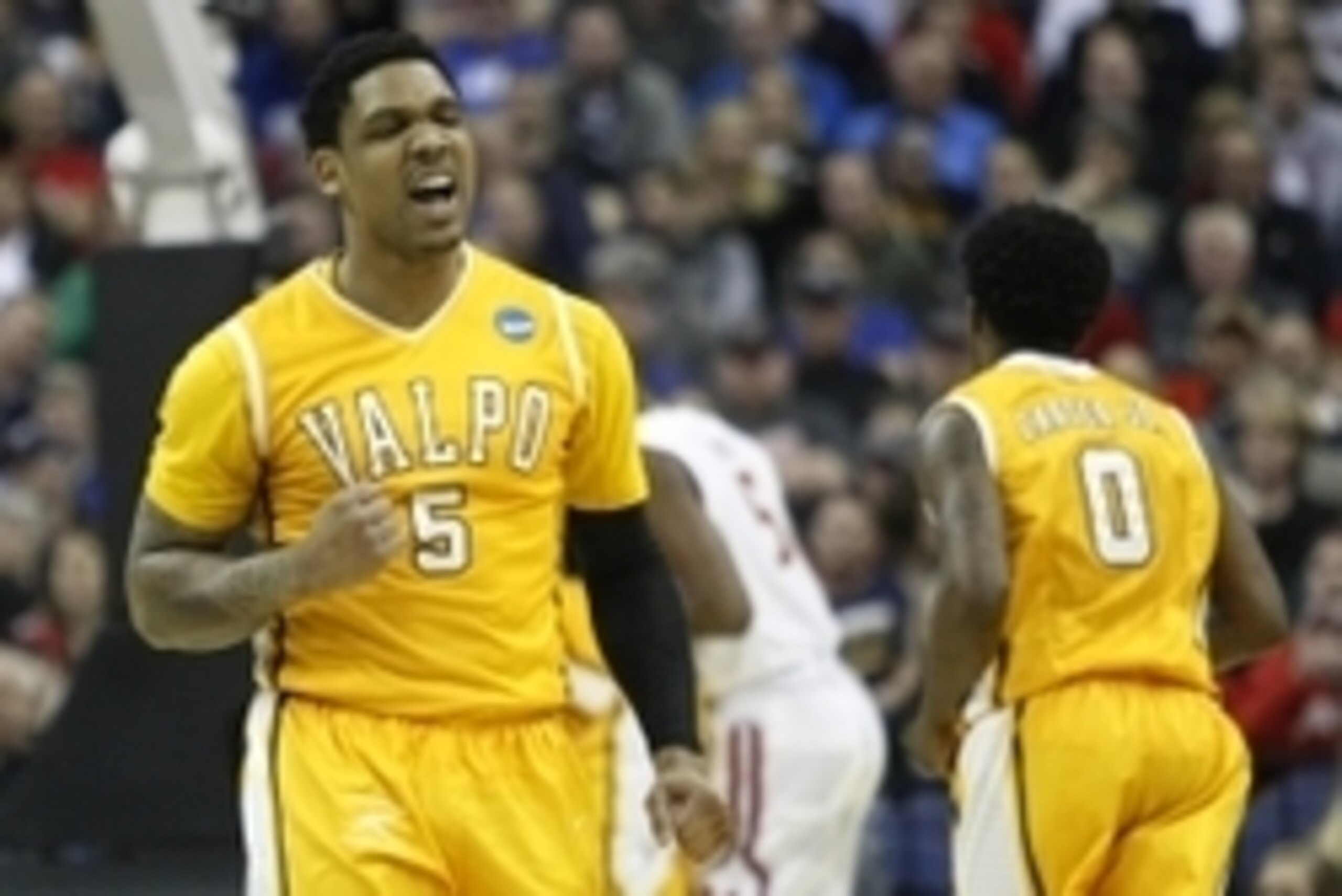 Mar 20, 2015; Columbus, OH, USA; Valparaiso Crusaders guard Darien Walker (5) reacts during the first half against the Maryland Terrapins in the second round of the 2015 NCAA Tournament at Nationwide Arena. Mandatory Credit: Joe Maiorana-USA TODAY Sports