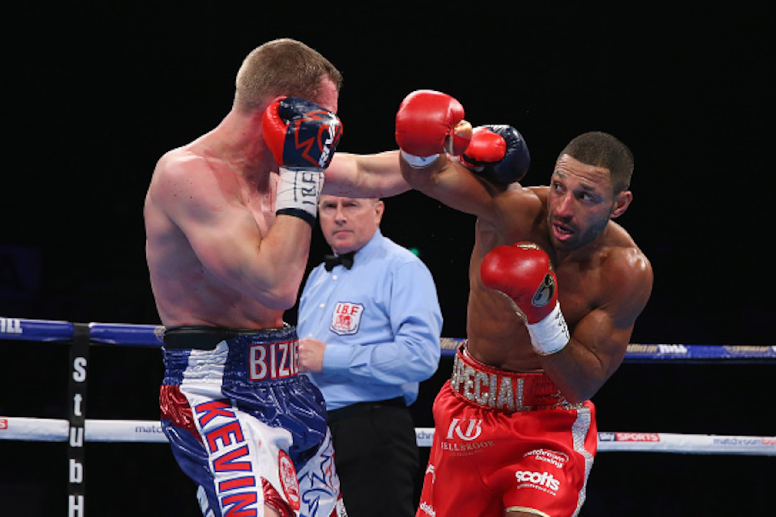 SHEFFIELD, ENGLAND - MARCH 26:  Kell Brook lands a right shot on Kevin Bizier during the IBF World Welterweight Championship between Kell Brook and Kevin Bizier at Sheffield Arena on March 26, 2016 in Sheffield, England.  (Photo by Alex Livesey/Getty Imag
