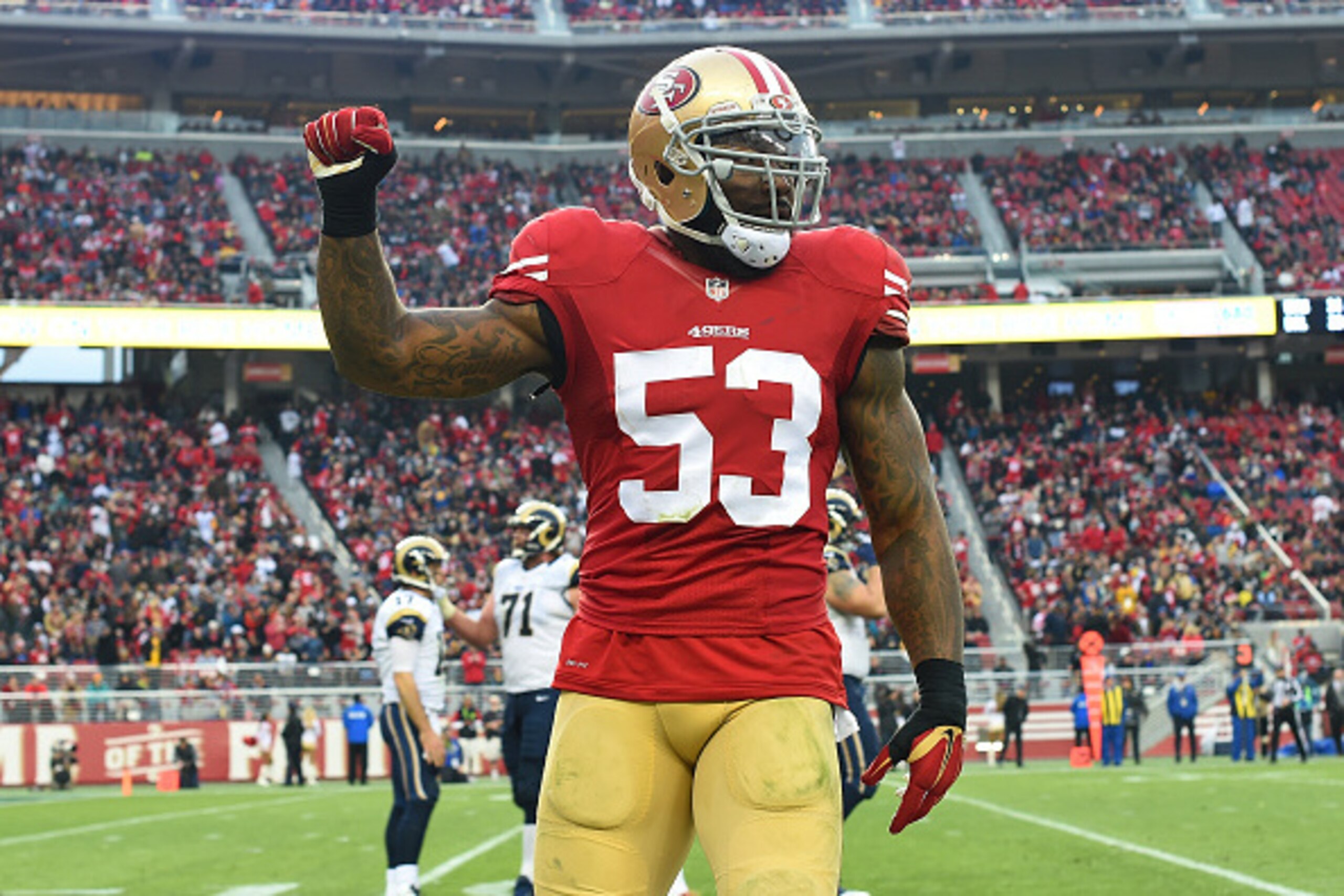 SANTA CLARA, CA - JANUARY 03:  NaVorro Bowman #53 of the San Francisco 49ers reacts after a play against th St. Louis Rams during an NFL football game at Levi's Stadium on January 3, 2016 in Santa Clara, California.  (Photo by Thearon W. Henderson/Getty I