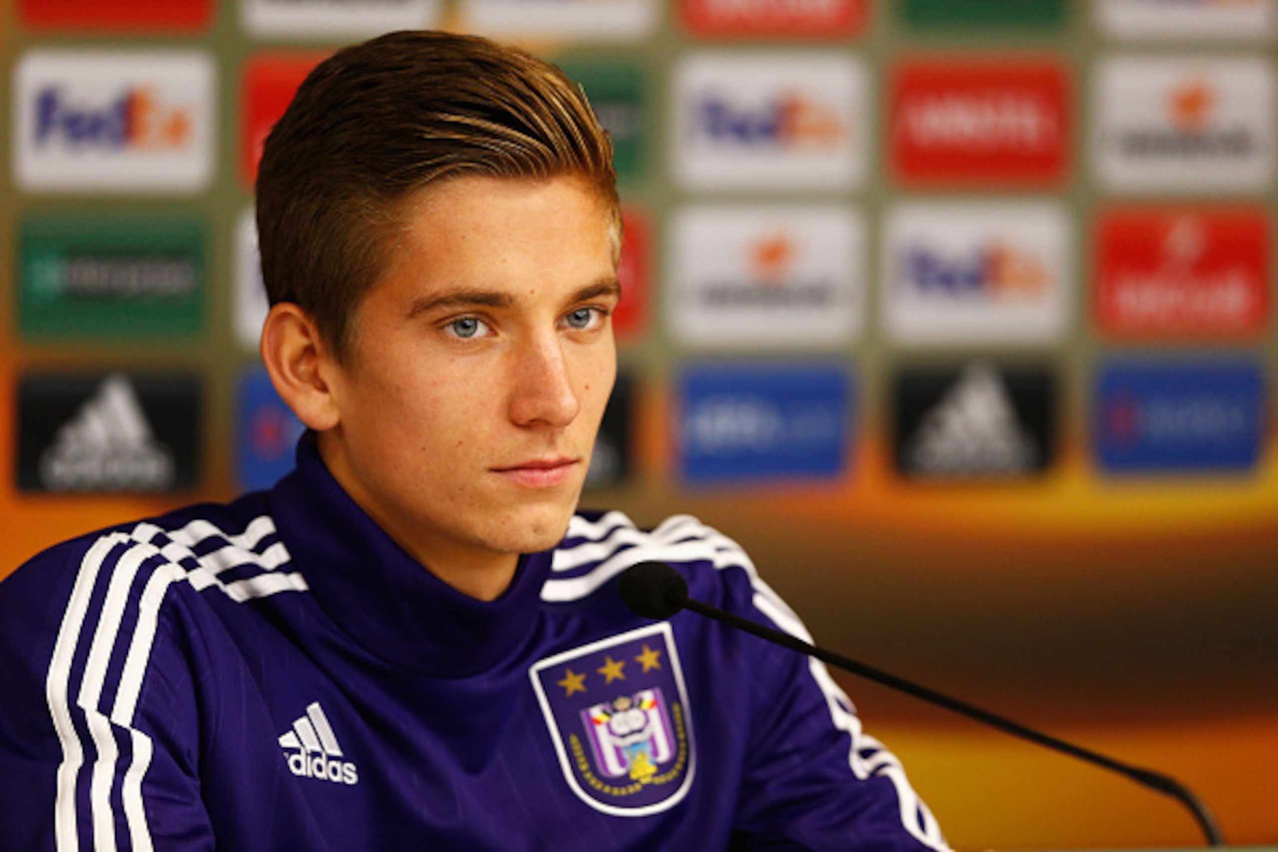 BRUSSELS, BELGIUM - OCTOBER 21:  Dennis Praet of Anderlecht speaks to the media during a RSC Anderlecht training press conference ahead of the UEFA Europa League match against Tottenham Hotspur at Constant Vanden Stock Stadium on October 21, 2015 in Bruss